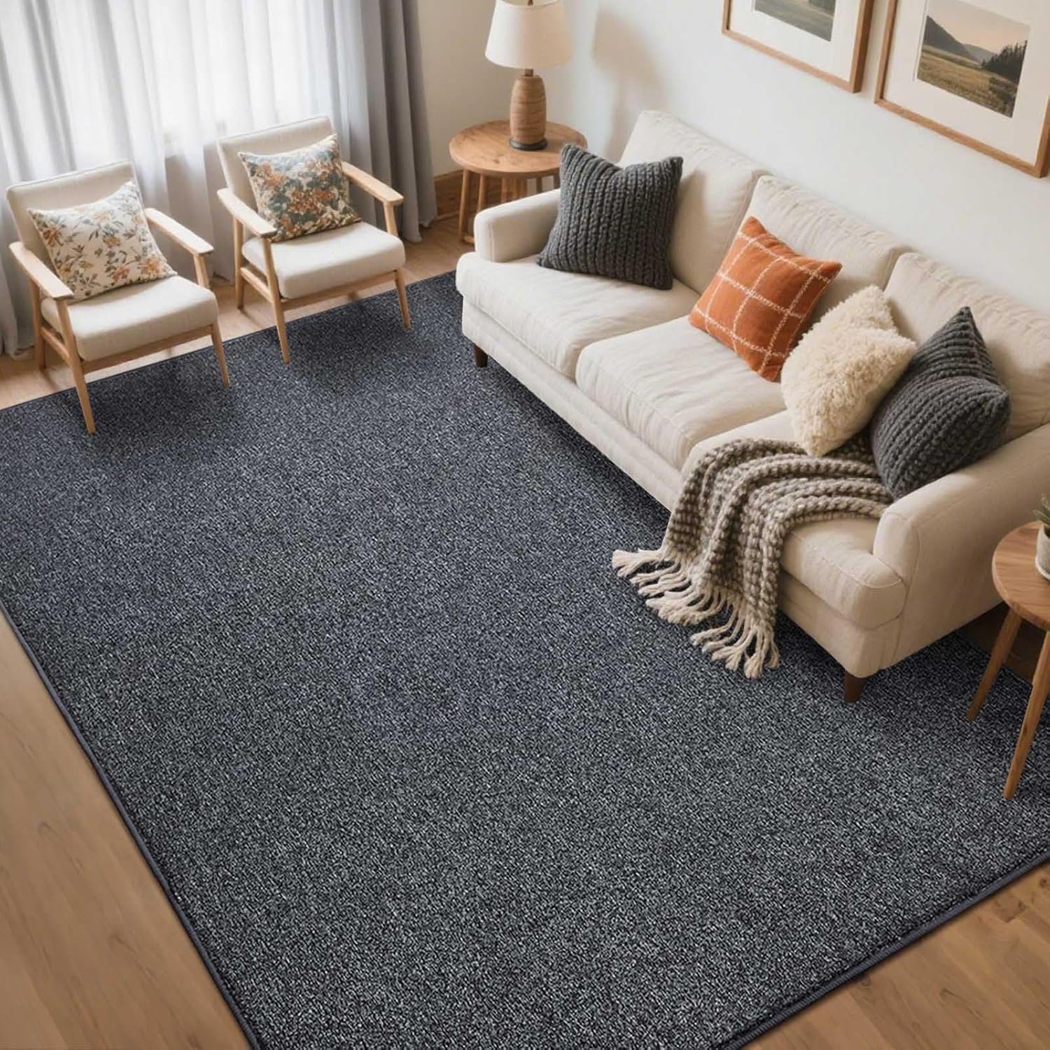 FinRèc 5×7 Washable Area Rugs for Bedroom Living Room, Low Pile Thin Rug Solid Color, Non-Slip Carpet Indoor for Home Decor (Grey)