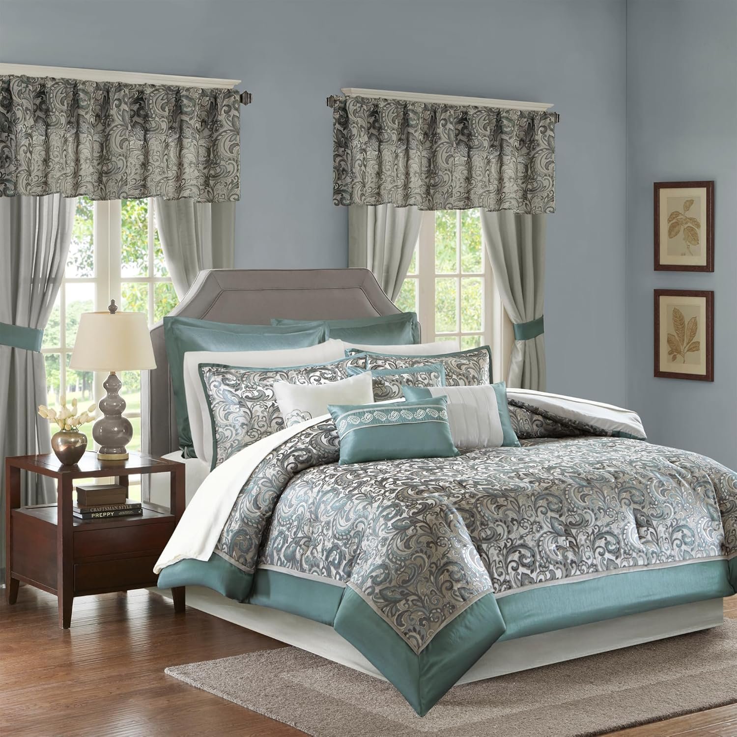 Madison Park 24 Piece Faux Silk Paisley Queen Comforter Set with Matching Curtains, Down Alternative Hypoallergenic – Teal, Queen (90 in x 90 in)