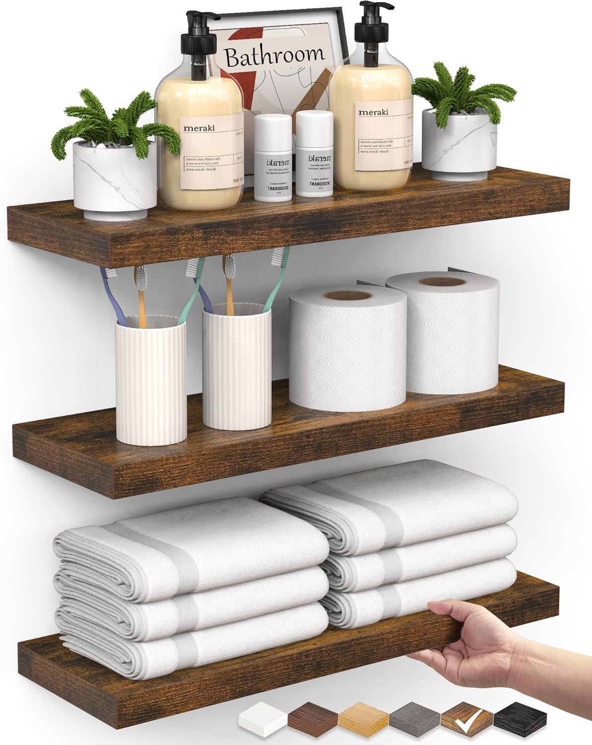 BAYKA Bathroom Floating Shelves for Wall Set of 3 – Rustic Brown Farmhouse Wood Shelves Over Toilet for Bedroom, Kitchen, or Living Room Decor Display, Storage for Plants, Toilet Paper or Bath Towels