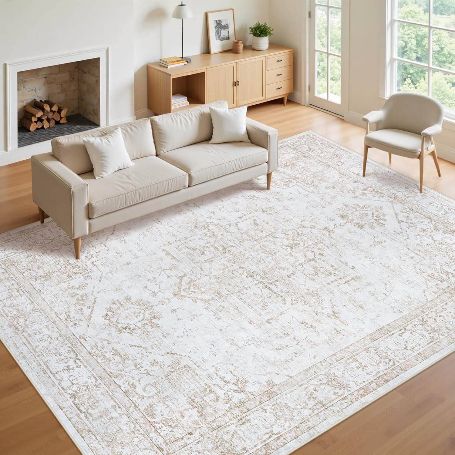 8×10 Area Rugs for Living Room:Beige Washable Vintage Medallion Rug Non-Slip Soft Low Pile Large Rugs Indoor Retro Carpet for Bedroom Kitchen Nursery Dining Table Office (Beige, 8’x10′)