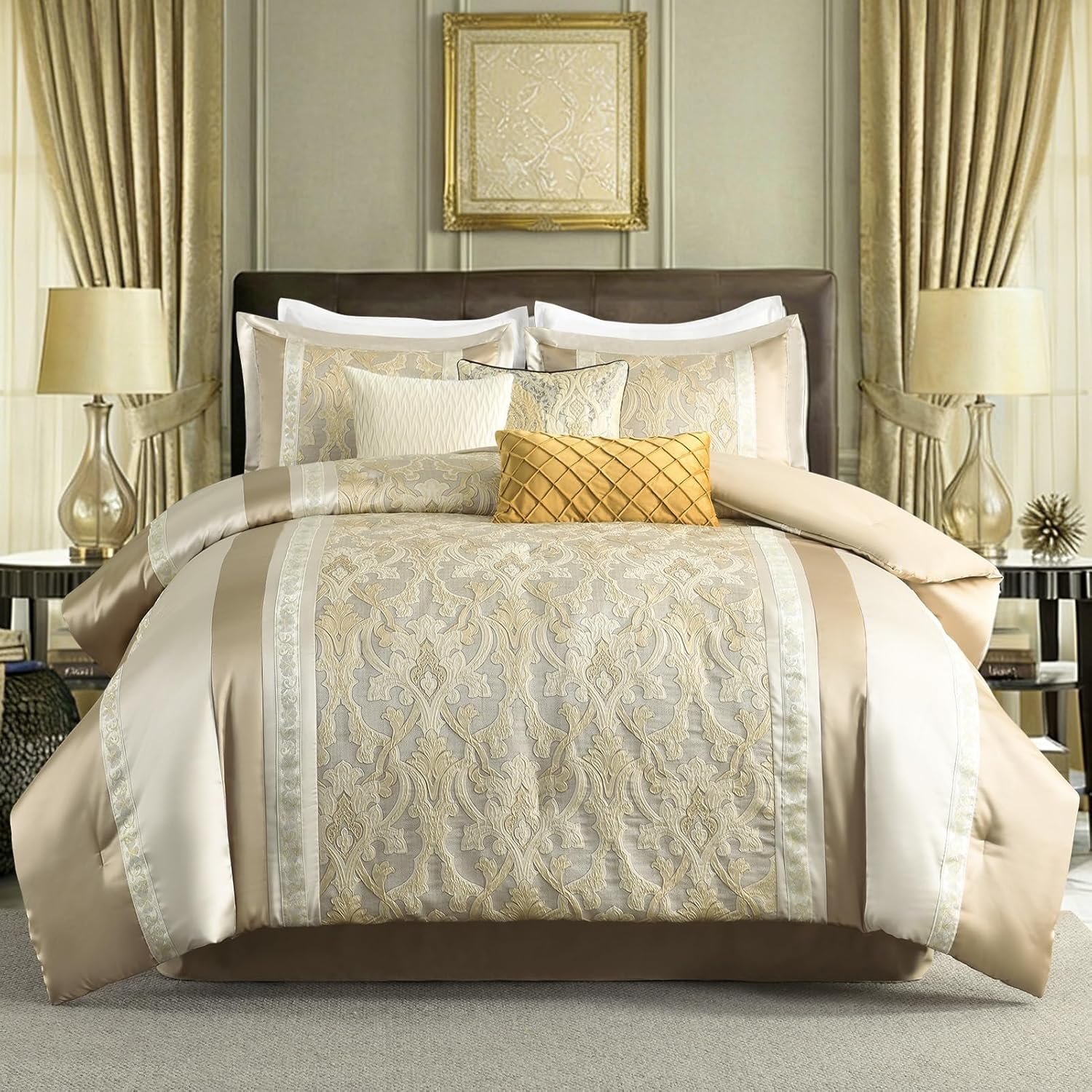 SahSahCasa 7-Piece Luxury Queen Comforter Set, Bed in a Bag Queen, Jacquard Silky Fluffy Comforter Bedding Set with Bed Skirt, Decorative Pillows, Elegant Reversible, Down-Alternative, Champagne