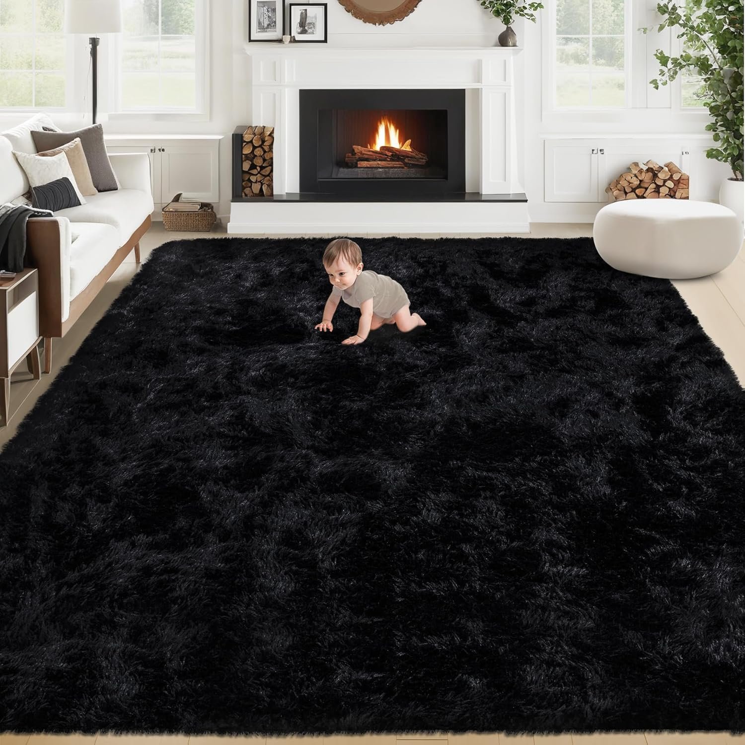 8×10 Area Rugs for Living Room: Fluffy Shag Soft Washable Rug Large Fuzzy Plush Indoor Carpet for Bedroom Nursery Playroom Kids Girls Boys Room (Black, 8’x10′)