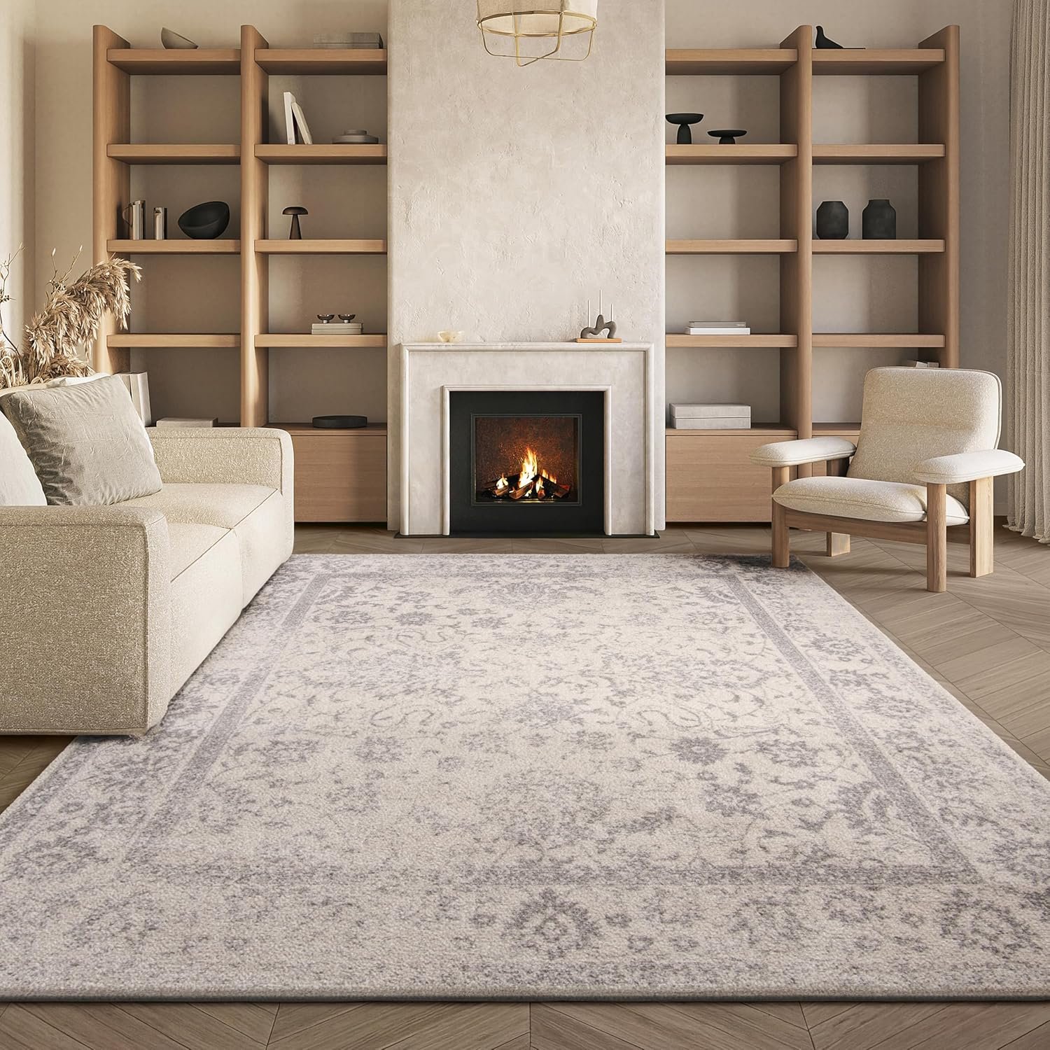 SAFAVIEH Area Rug 8×10 – Adirondack Collection – Large – Ivory & Silver, Distressed Vintage Floral Design, Non-Shedding & Easy to Clean, Ideal for Living Room, Bedroom, Dining Space (ADR109C)