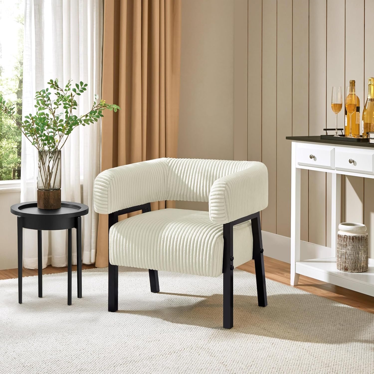Yaheetech Accent Chair with Pocket Coiled Seat, Corduroy Living Room Barrel Chair Comfy Modern Sofa Armchair for Small Space Bedroom Reading, Beige