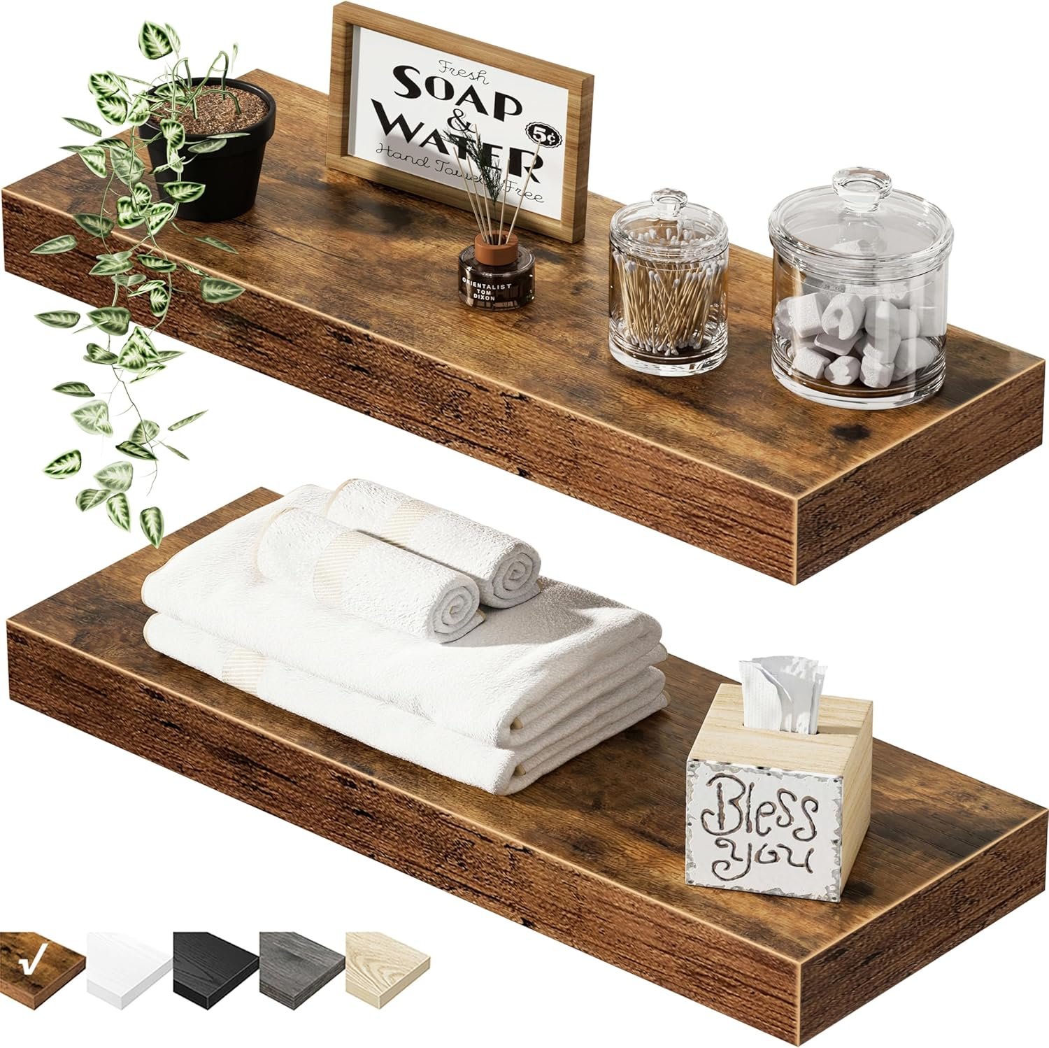 QEEIG Bathroom Floating Shelves for Wall – 15.7″ Wall Mounted Shelf Over Toilet Farmhouse Home Decor Display Bookshelf Small 15.7 x 6.7 inch Set of 2, Rustic Brown (008-40BN)