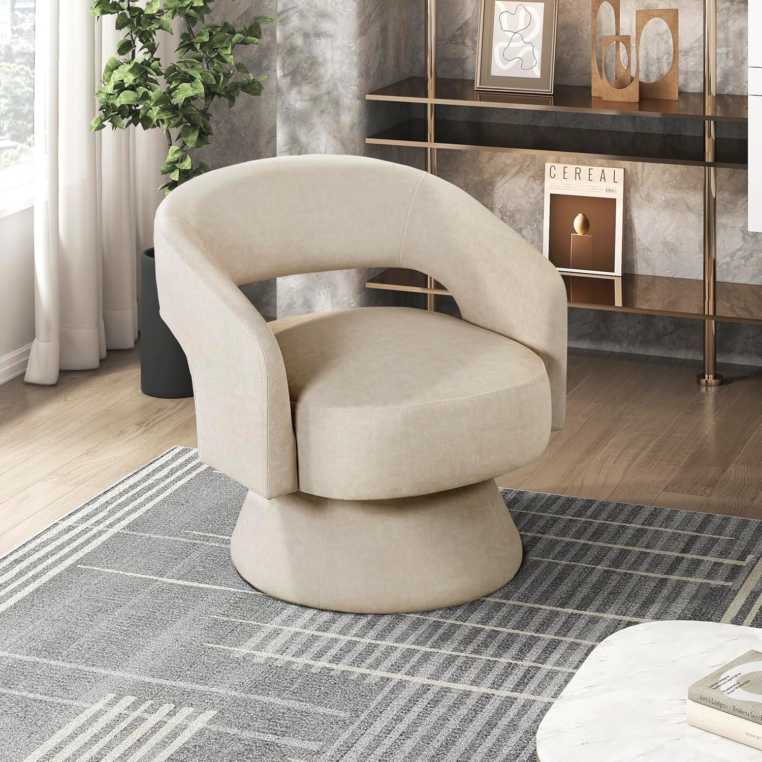 Lexicon 360 Degree Swivel Accent Chair, Modern Comfy Velvet Round Barrel Chair, Open Back, Plush Foam Cushions, Metal Swivel Base for Living Room/Bedroom/Office/Small Spaces, Taupe