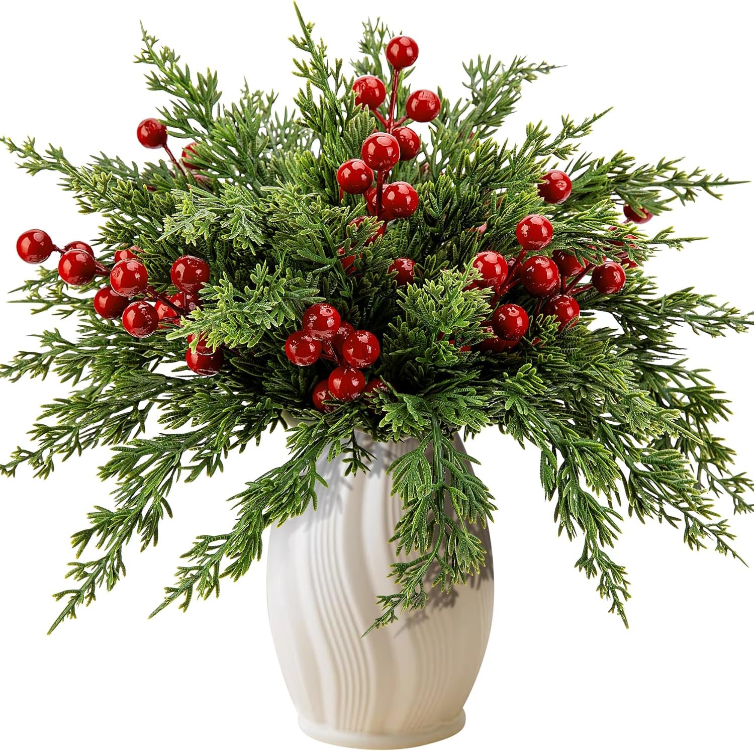Watayo 45 Pcs Christmas Artificial Pine Branches with Red Berry Stems, 10.5″ Faux Evergreen Norfolk Pine Cypress Leaves Stems, Fake Foliage Pine Needles Picks for DIY Craft Garland Home Decor