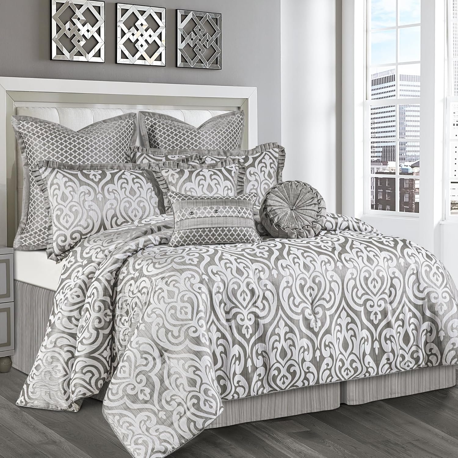Loom and Mill 9-Piece Contemporary Jacquard Comforter Set, Luxury Damask Bedding Sets Queen, Ultra Soft Comforter with Euro Shams, Bedskirt, Filled Decorative Pillow for All Season(Silver Gray,Queen)