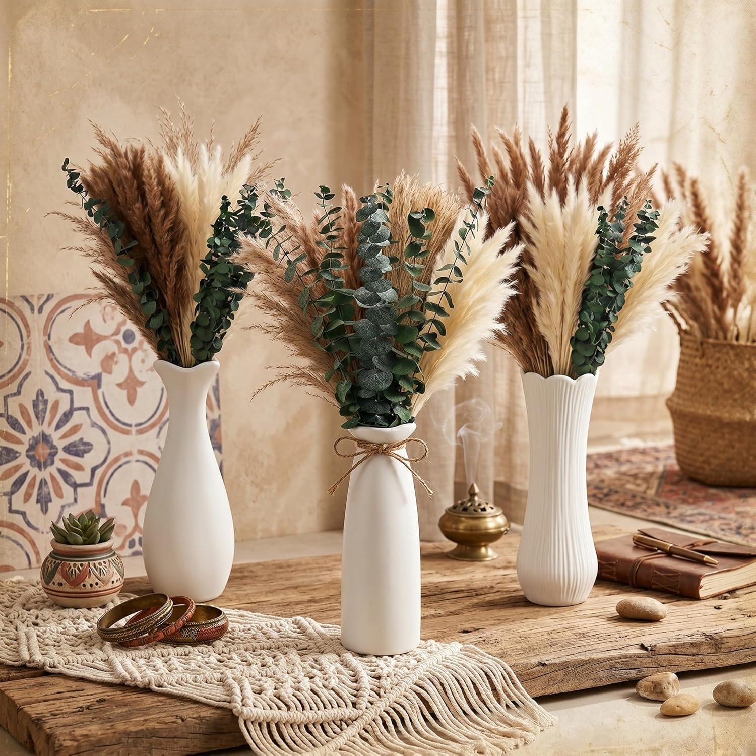 Hushee 3 Set 60 Pcs Dried Pampas Grass with Vase for Table Decor, Boho Ceramic Vase with Eucalyptus Dried Flowers Bouquet, 16″ Boho Rustic Fluffy Flowers for Wedding Mantel Entryway Kitchen Home Decor