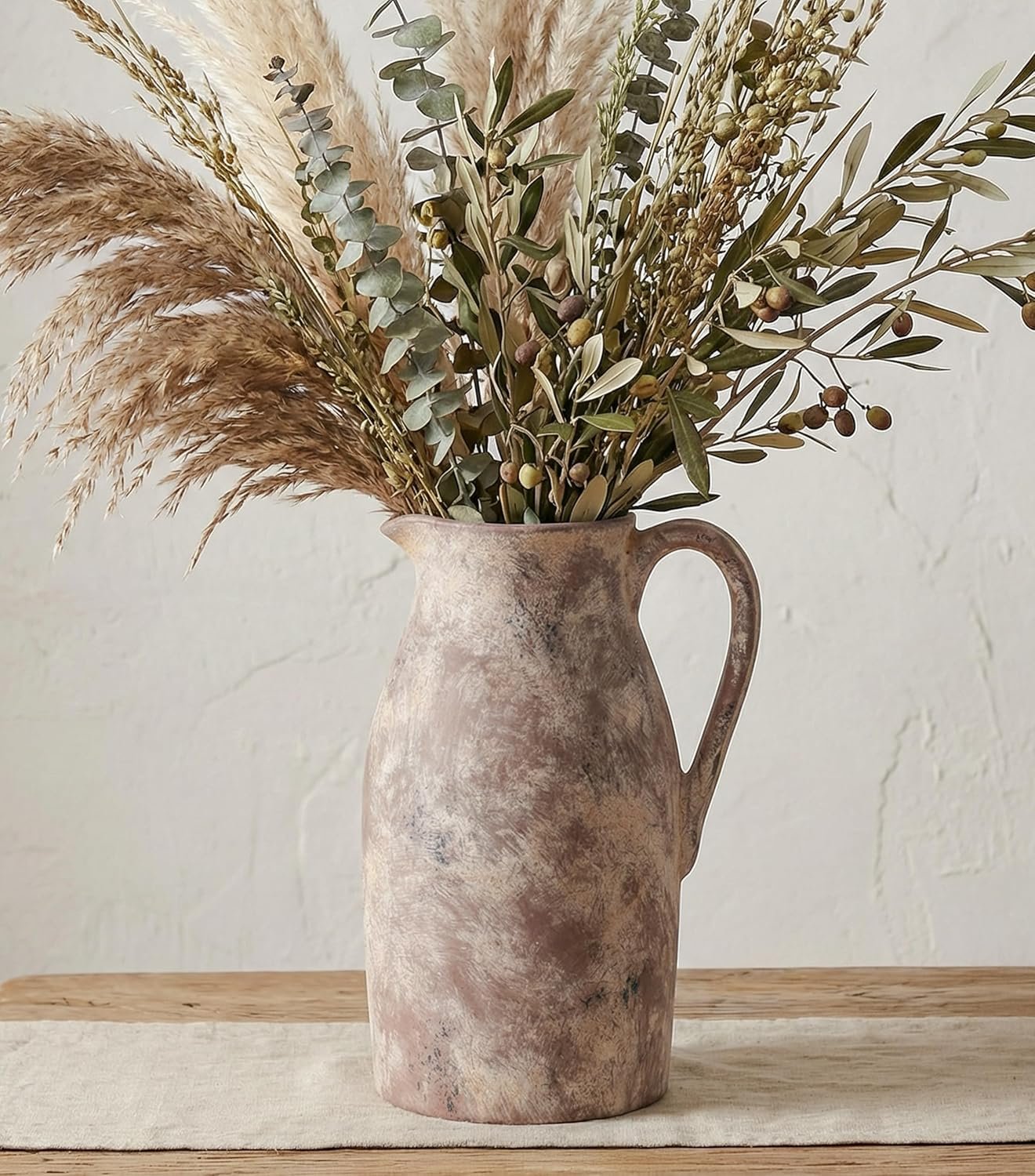 Ceramic Flower Vase with Handles,11″ Neutral Tall Clay Terracotta Vases Farmhouse Table Vases with Handle Living Room Decor Rustic Pottery Pots for Home Shelf Coffee Dining Desk Fireplace