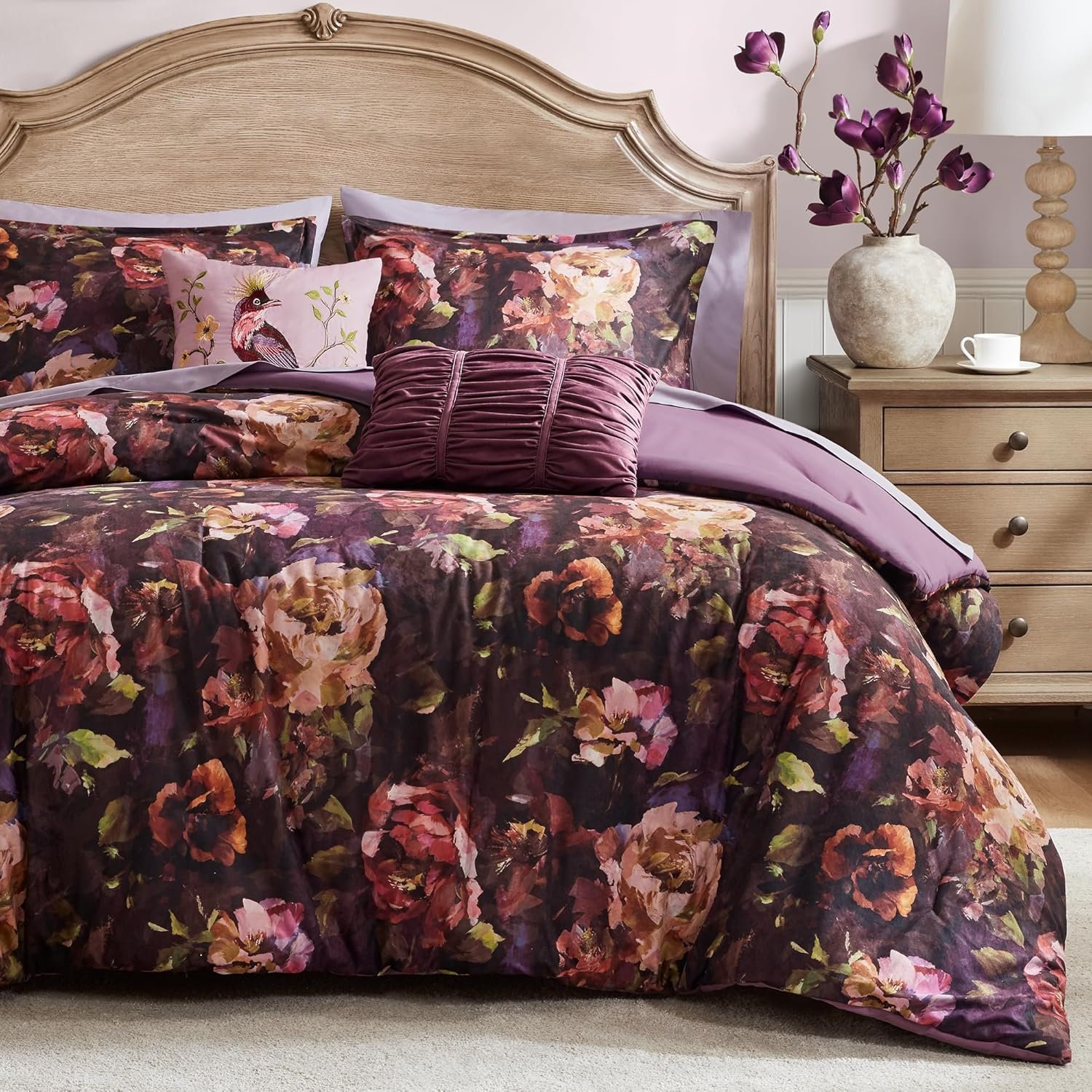 Madison Park Queen Size Purple Comforter Set Floral Comforter, Velvet Vintage Shabby Chic Bedding Sets, 1 Soft Reversible Botanical Flowers Comforter, 2 Shams, 2 Decor Pillow, Seraphina, Full/Queen | Reversible, Velvet Vintage