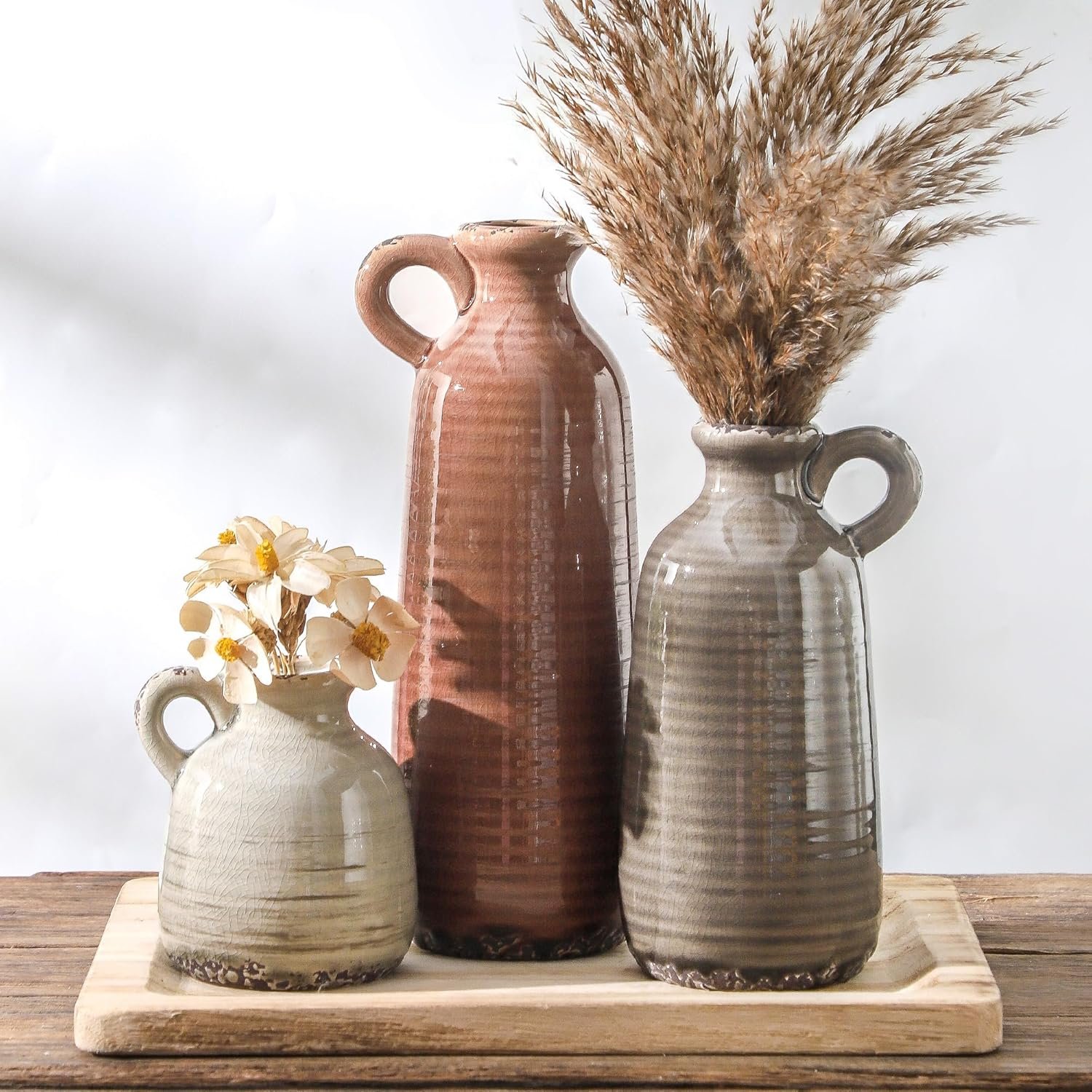 Ceramic Vases Set of 3, Neutral Rustic Farmhouse Vase with Handle, Decorative Flower Vases Home Decor Modern Boho Pampass Vase for Table Mantel Entryway Shelf Living Room Kitchen Bathroom – Brown