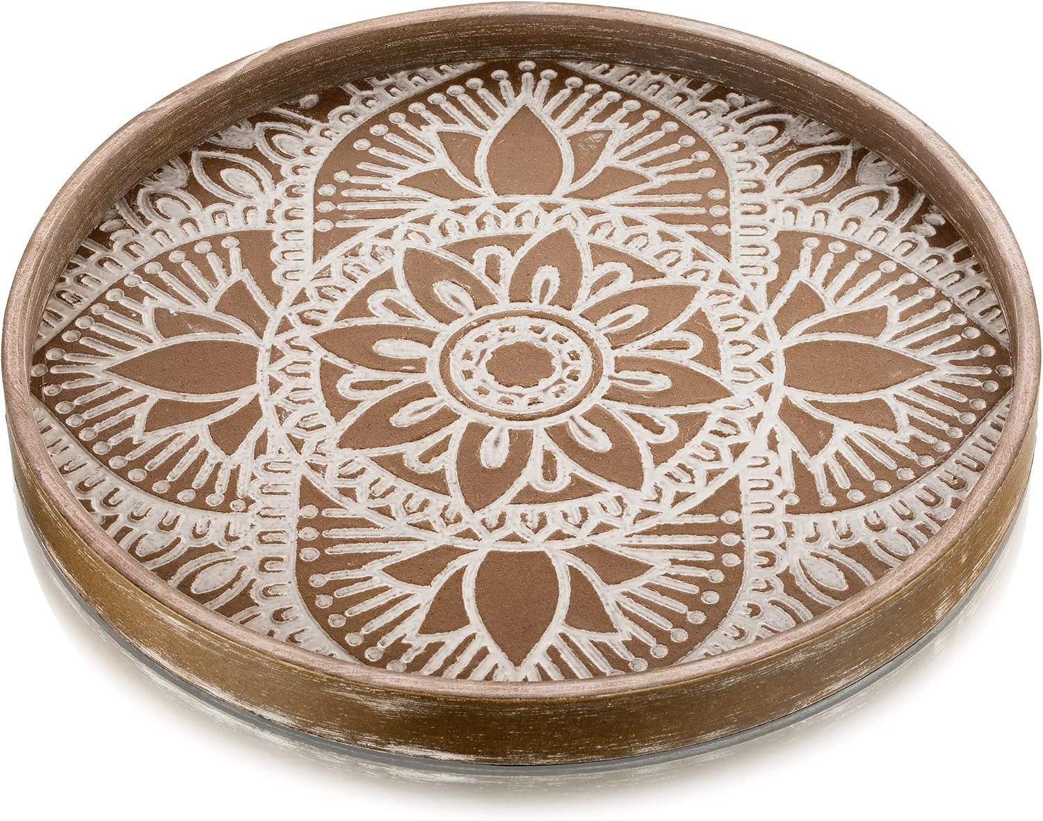 Hanobe Round Decorative Tray for Table: Boho Coffee Table Trays for Home Decor – Mid Century Farmhouse Circle Wood Serving Rustic Bohemian for Kitchen Counter Women