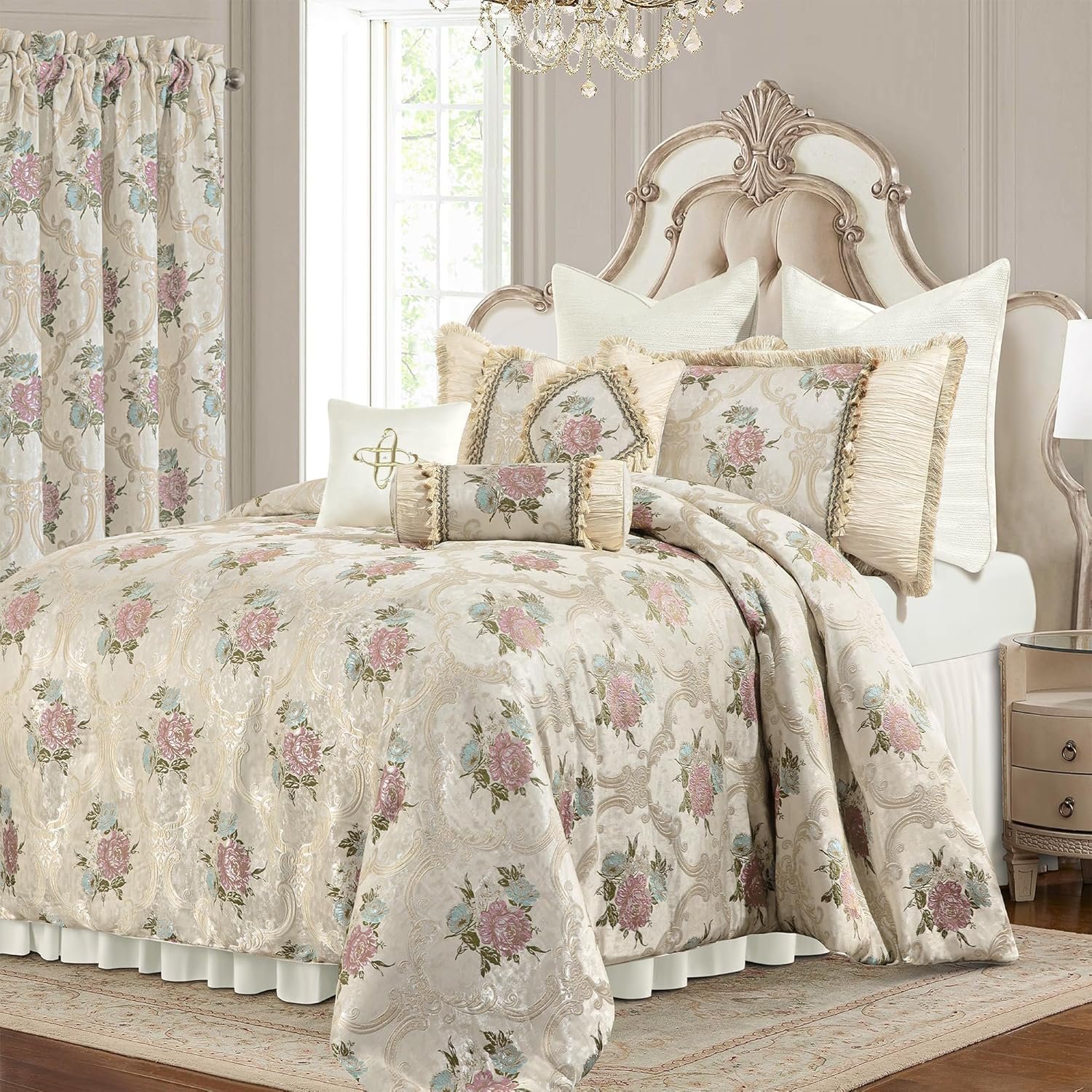 Loom and Mill 9-Piece Luxury European Floral Comforter Sets, Romantic French-Style Jacquard Bedding Set Queen Size with Euro Shams, Bedskirt, Filled Decorative Pillow for Home(Pearly Beige,Queen)