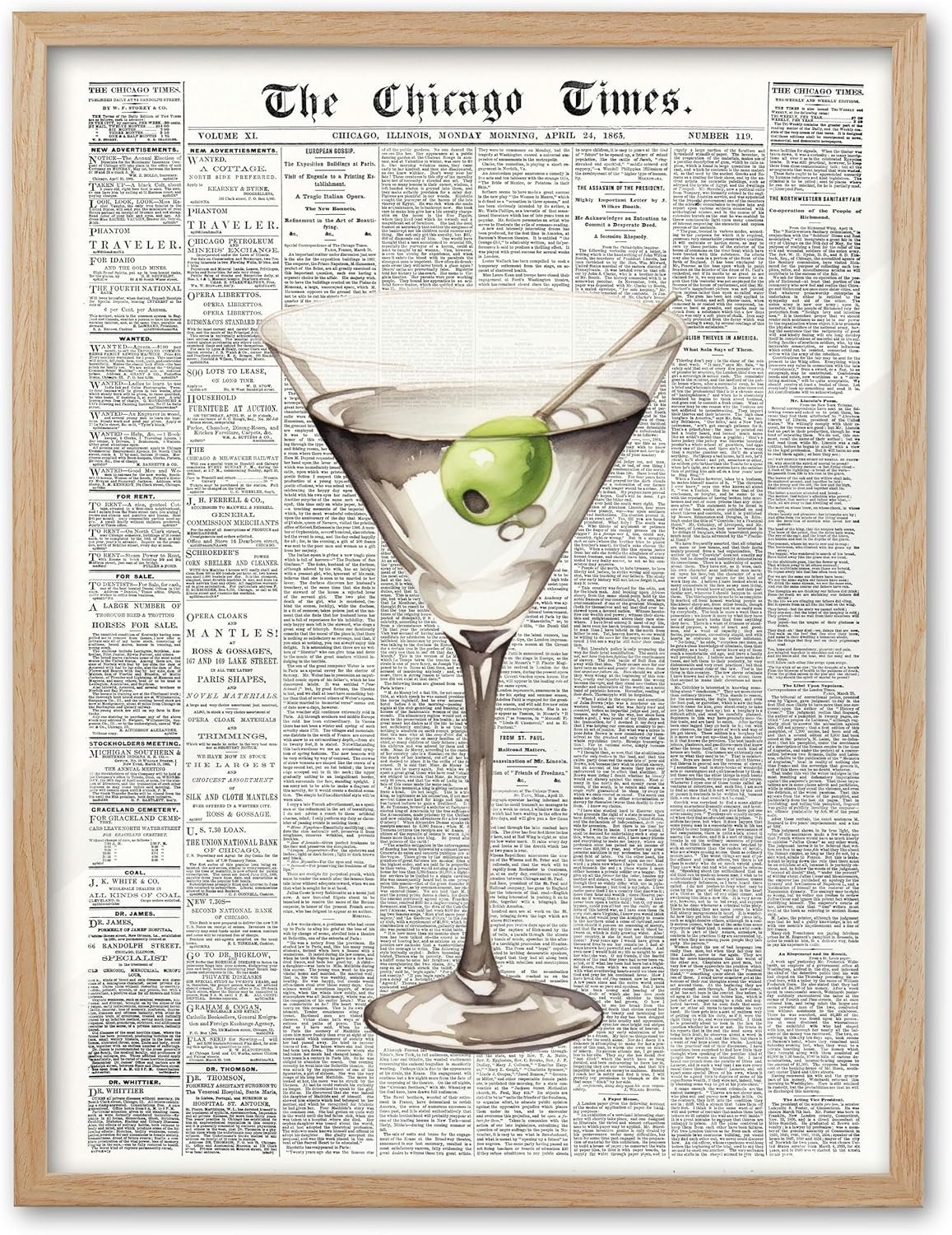 EcoHest Trendy Newspaper Martini Framed Wall Art, 12×16 in OAK Wood Retro Bar Cart Canvas Art, Magazine Aesthetic Apartment Art, Beige Logs Funky 70’s Set of 1 for Bedroom Living Room