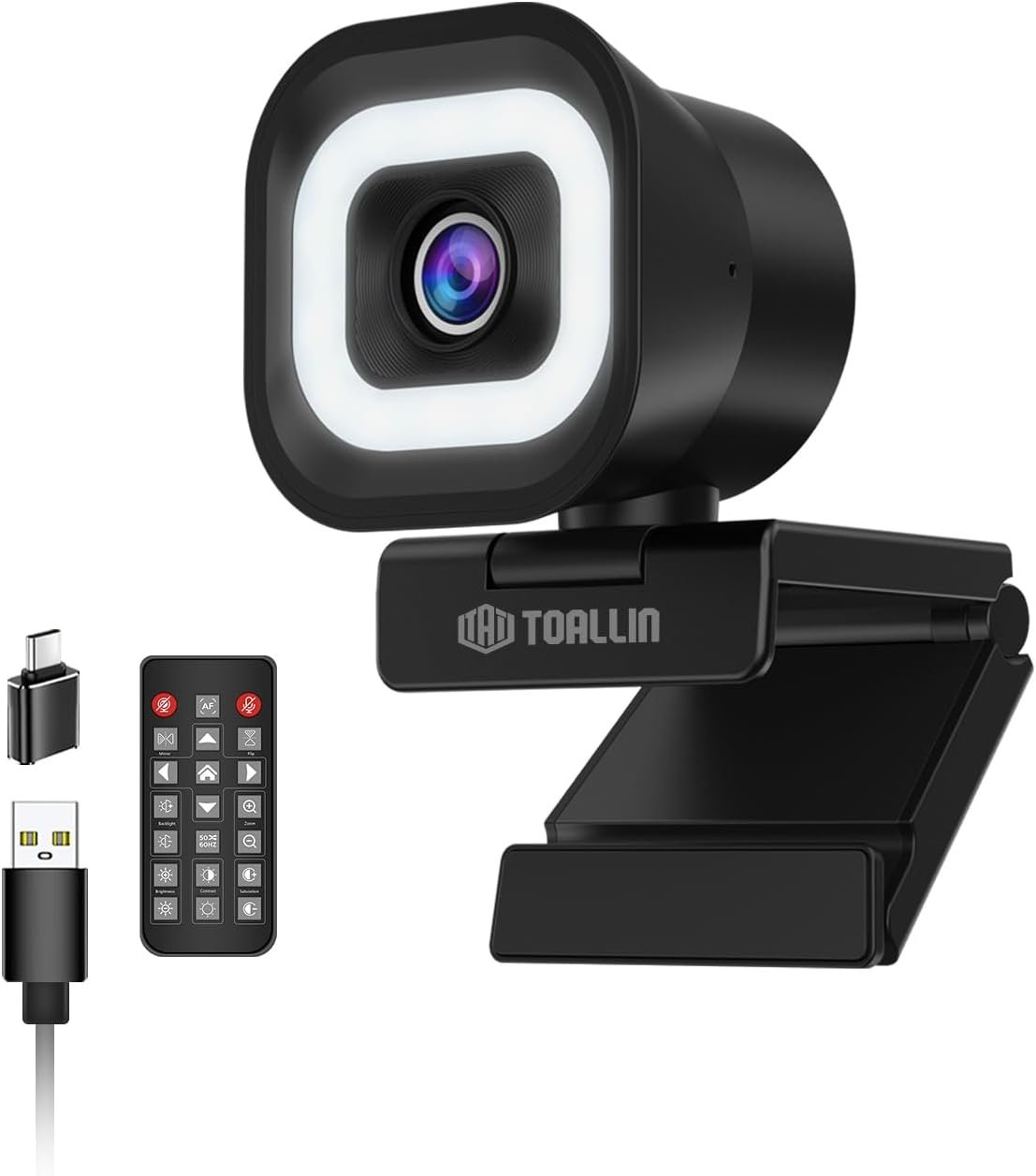 TOALLIN 4K Webcam with Ring Light, Remote Control, PDAF Autofocus, 1/2.5″ Sensor & 12MP, Built-in Dual Mics, 5X Digital Zoom and Image Mirroring, Web Camera for Live-Streaming/Meetings/Video Calls