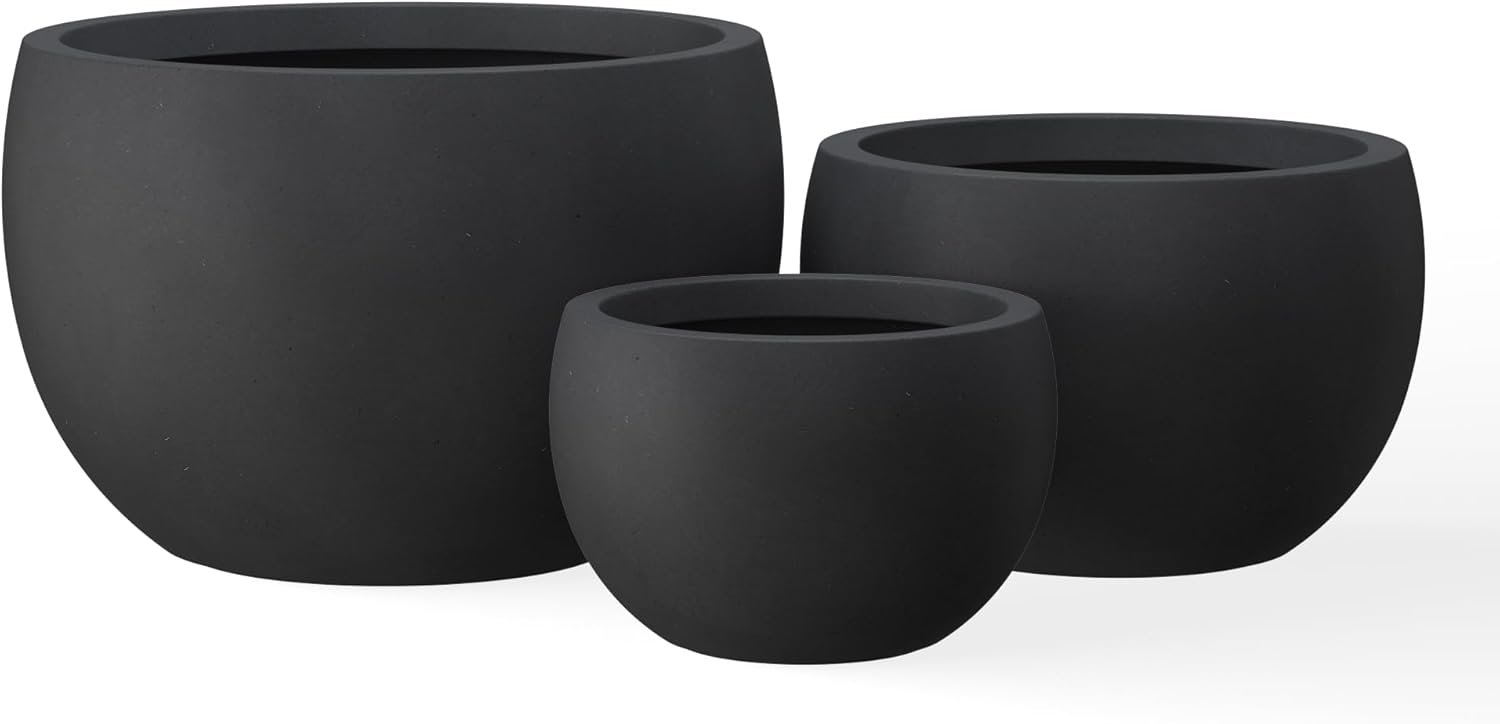 Kante 19.9″,15.7″,11.8″ Dia Round Concrete Planter Set of 3, Outdoor/Indoor Large Bowl Plant Pots with Drainage Hole and Rubber Plug for Garden Patio Balcony Home, Black