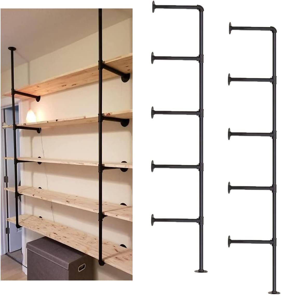 Industrial Wall Mount Iron Pipe Shelf Shelves Shelving Bracket Black Vintage Retro Ceiling Hung Shelf DIY Open Bookshelf Storage for offcie Room Kitchen (2PcsX5Tier,68″ Tall,10″ deep,Hardware Only)