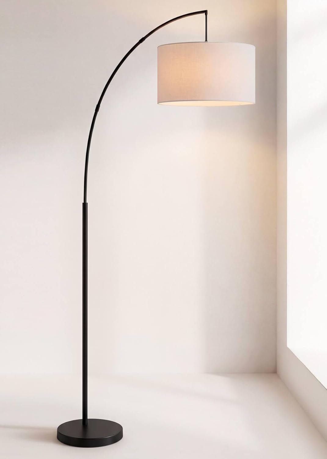 360 Lighting Cora Mid Century Modern Arc Floor Lamp 72″ Tall Black Metal White Linen Fabric Drum Shade Decor for Living Room Reading House Bedroom Home Office House