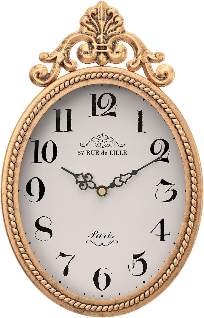 Abdurey Small French Retro Decorative Wall Clock, Antique Gold Vintage Oval Style,Silent Battery Operated Boho Decor Wall Clocks for Farmhouse,Kitchen,Bedroom,Bathroom(10.4″ H x 6.7″ W)