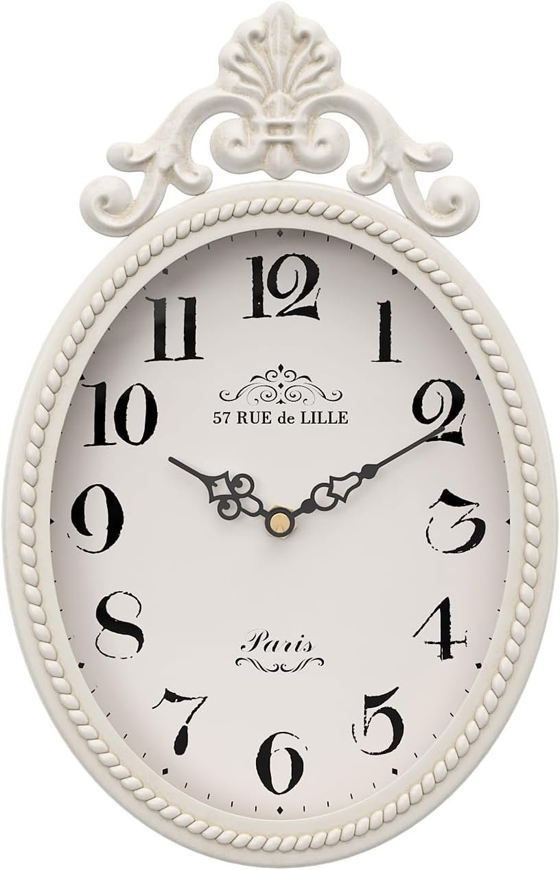 Abdurey Small French Retro Decorative Wall Clock, Ivory White Vintage Oval Style,Silent Battery Operated Boho Decor Wall Clocks for Farmhouse,Kitchen,Bedroom,Bathroom(10.4″ H x 6.7″ W)