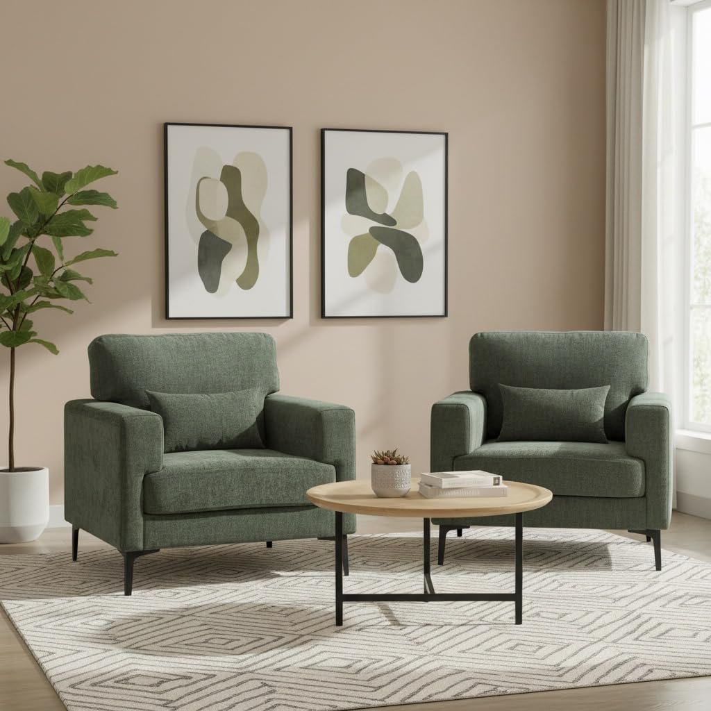 Oversized Armchair Set of 2 with Metal Legs,Comfy Chenille Accent Chair and a Half,Modern Century Single Sofa Extra Large Reading Club Chair for Living Room,Bedroom,Apartment,Green