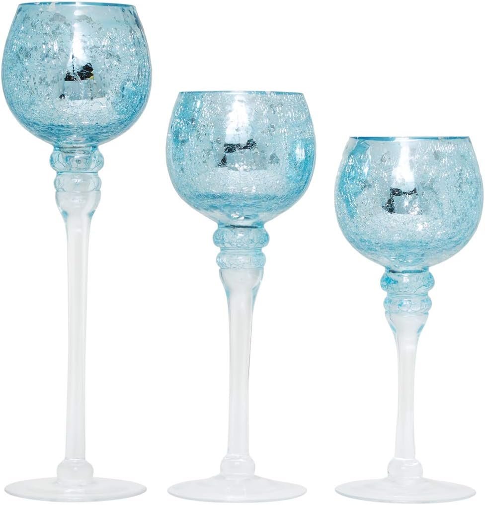 Hosley Elevate Ambiance with Set of 3 Crackle Blue Glass Tealight Holders 12 Inch, 10 Inch, 9 Inch Stylish Home Decor for Unique Candle Displays