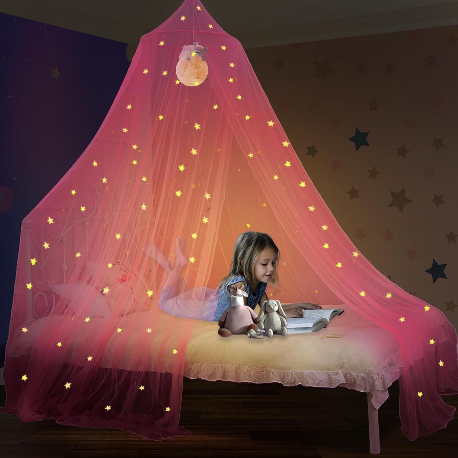 South to East Pink Bed Canopy from Ceiling with Glowing Starts for Girl Kid | Dome Breathable Mosquito Net Bed Canopy, fit Queen/ Full/ Single/ Twin/ Crib, Decor Reading Nook and Bedroom, Quick install