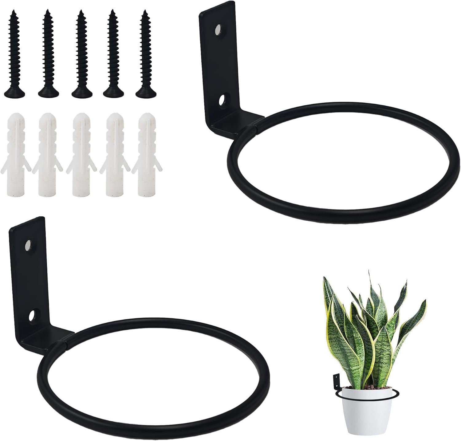 2Pcs 4 Inch Flower Pot Holder Ring, Wall Mounted Black Metal Planter Hanger, Heavy Duty Plant Bracket for Fence Balcony Home Garden Yard