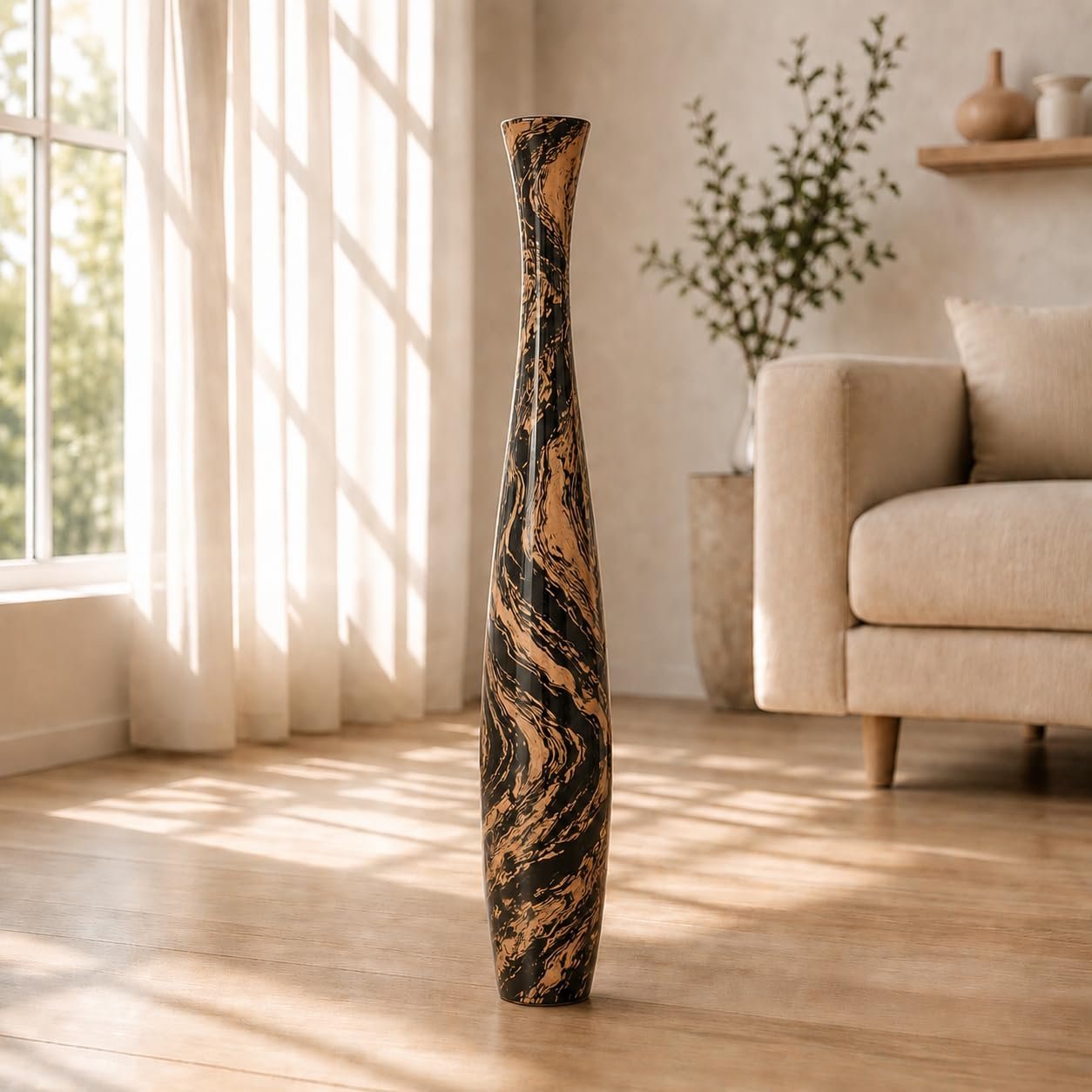 Leewadee Large Brown Light Brown Home Decor Floor Vase – Wooden 34 inches Tall Farmhouse Decor Flower Holder for Fake Plant and Pampas Grass