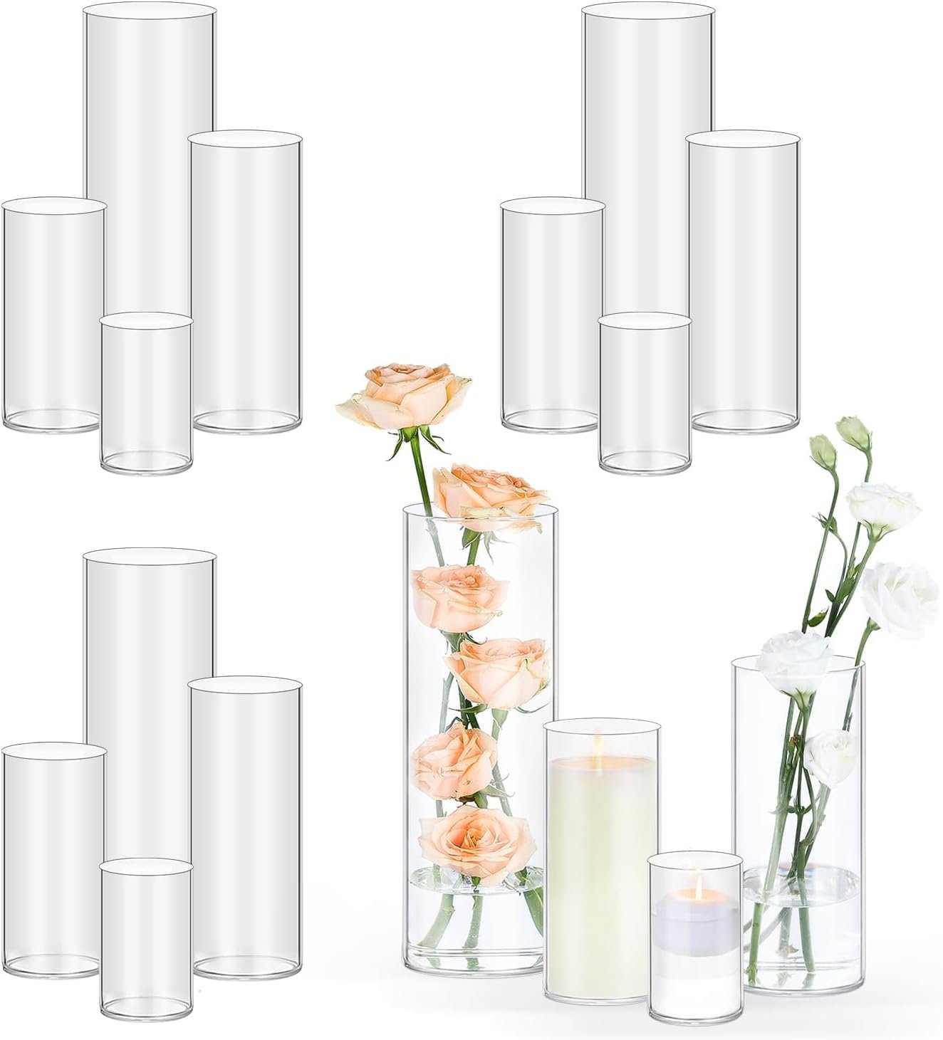 TBWIND 16 Pack Glass Cylinder Vases 4, 6, 8, 10 Inch Tall Clear Flower Vases for Table Centerpieces Wedding Decoration, Hurricane Floating Candle Holder for Party Home Decor