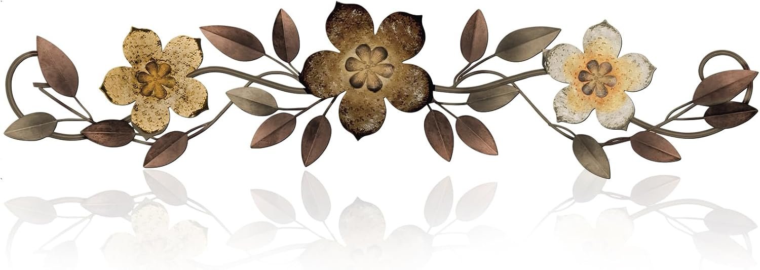Wesiti Metal Flower Wall Decor Vintage Metal Flower Wrought Iron Scroll Sculpture 15.7”x3.7” Not 3D, Flat Farmhouse Leaf Wall Decor with Nails for Summer Bedroom Kitchen Indoor Outdoor(Brown)