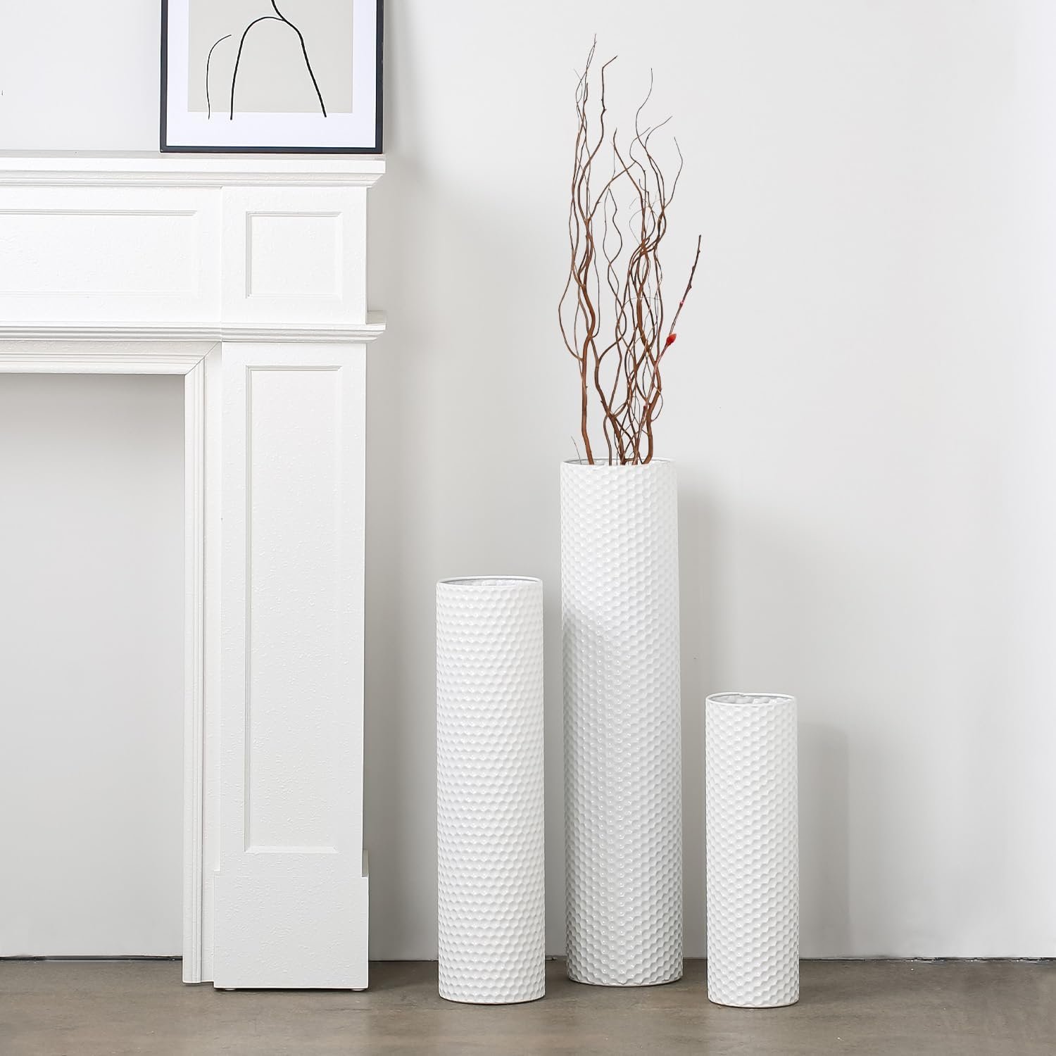 Dnnnii Tall Floor Vases Set of 3 – White Metal Cylinder Vases for Living Room Corner, Modern Honeycomb Texture, Extra Large Standing Decor (Tallest 27.6in, Home Bedroom Dining Decor)