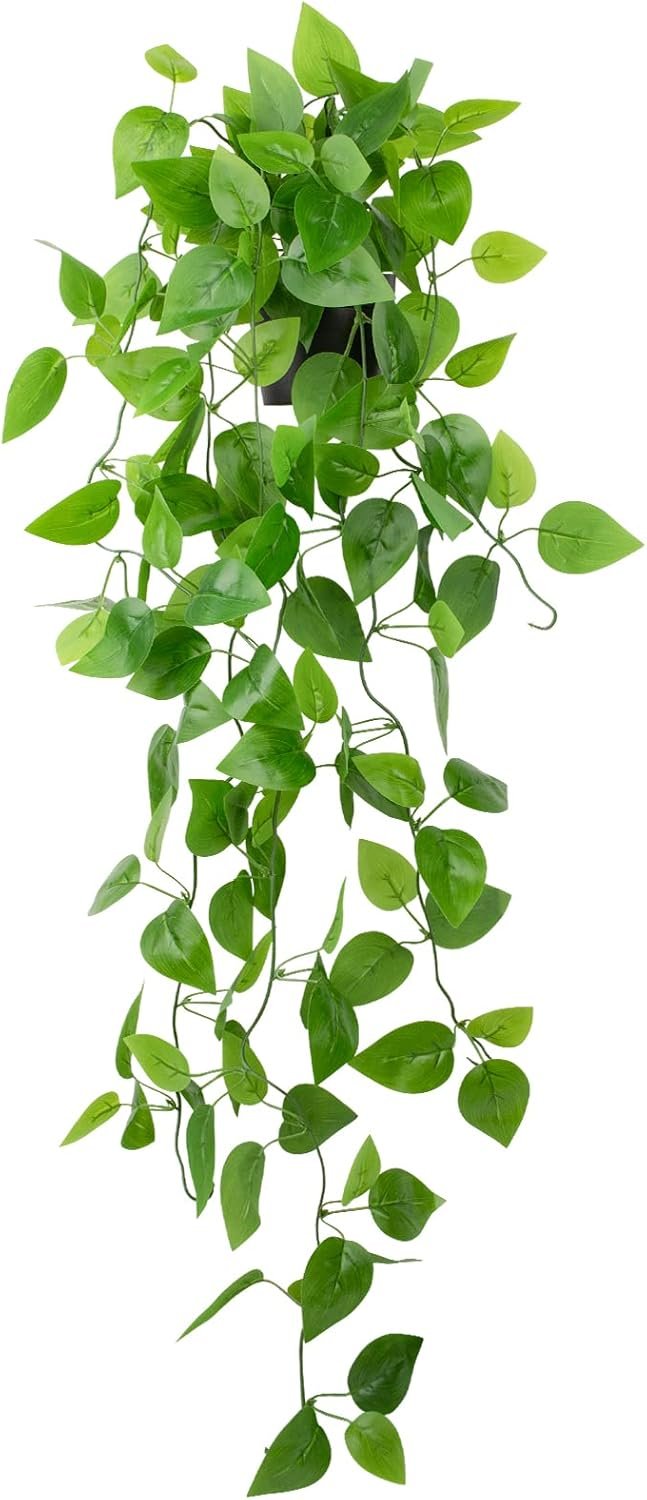 LOYWREE Small Fake Hanging Plant Artificial Potted Plants for Indoor Outdoor Aesthetic – 39in Realistic Faux Hanging Pothos with Ivy Vine for Shelf Decor in Home Office Gardens Greenery (Black Pot)