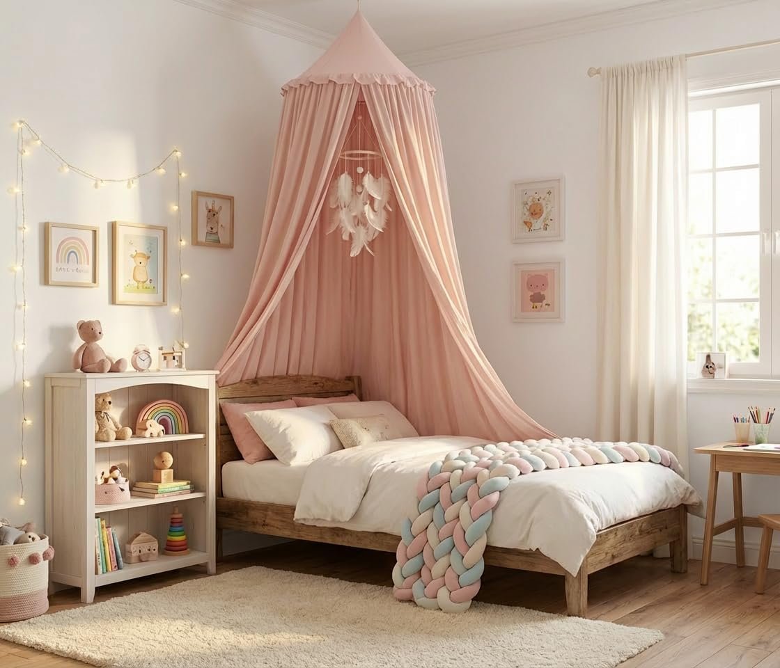 Bed Canopy for Girls, Princess Crib Canopy for Nursery, Dreamy Soft Hanging Canopy for Toddler Bed, Twin & Full Size, Kids Bed Canopy for Girls Room Decor & Reading Nook, Pink