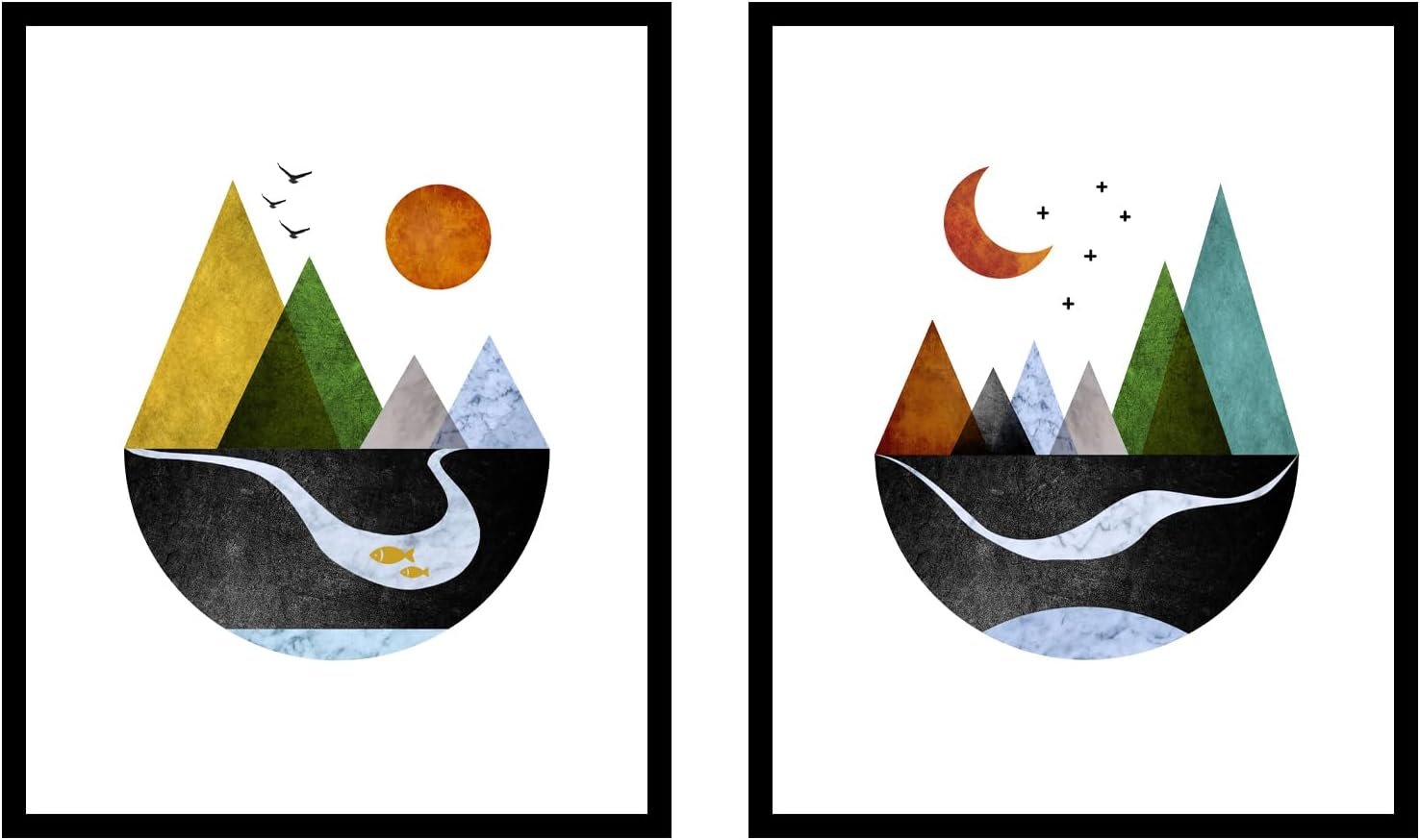 Scandinavian Mountain Wall Art Set of 2, Nordic Geometric Landscape Prints, Minimalist Abstract Poster for Living Room Bedroom Office Decor, Boho Scandi Wall Decor, Unframed 11×14 Inch