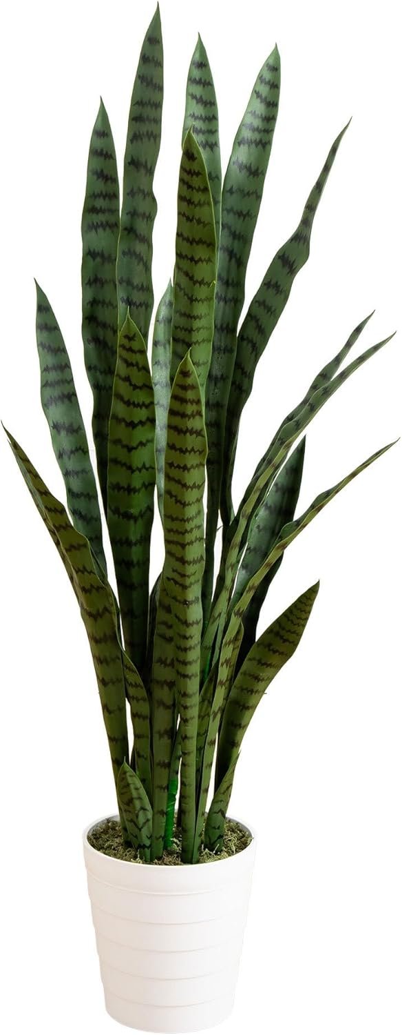 Nearly Natural 4-ft Artificial Snake Plant for Outdoors, Indoor/Outdoor UV Resistant Sansevieria, 48-in Faux Snake Plant for Outdoor Porch and Deck Decor in White Decorative Planter