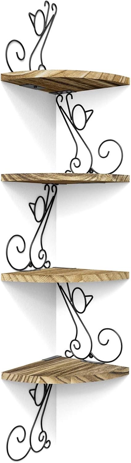 Alsonerbay Wall Mount Corner Shelves 4 Tier Floating Corner Storage Wood Shelves Decorative Rustic Radial Shelf in Cat Shape Carbonized Black