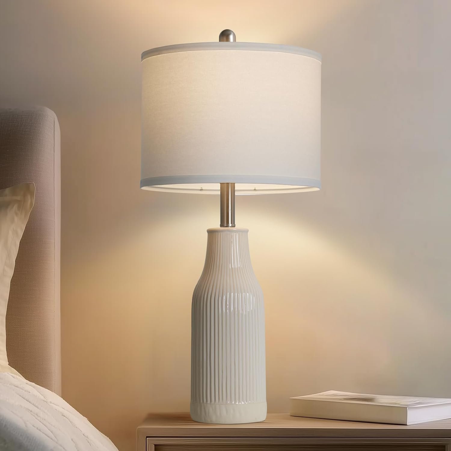 24.5″ Modern Ceramic Table Lamp for Nightstand, Farmhouse Bedside Lamp for Bedroom, Small Table Lamp for Living Room End Table, Beige (1 Pack)