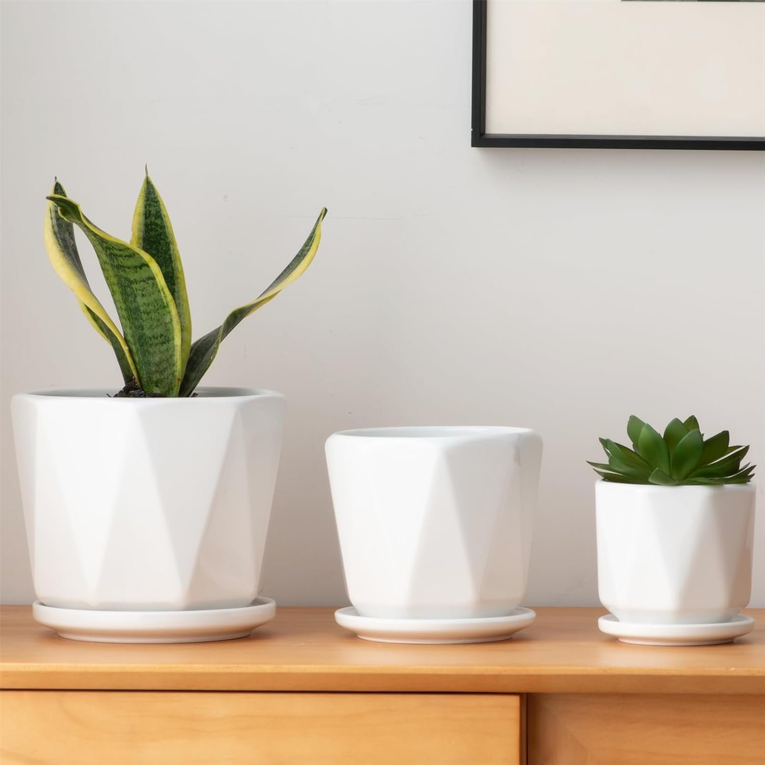 White Ceramic Planter, Plant Pots Indoor with Drainage, 6.5+5.5+4.5 Inch Octagon Modern Decor Flower Pots for Succulents and Cactus, Perfect for Desk, Window Sill, Living Room