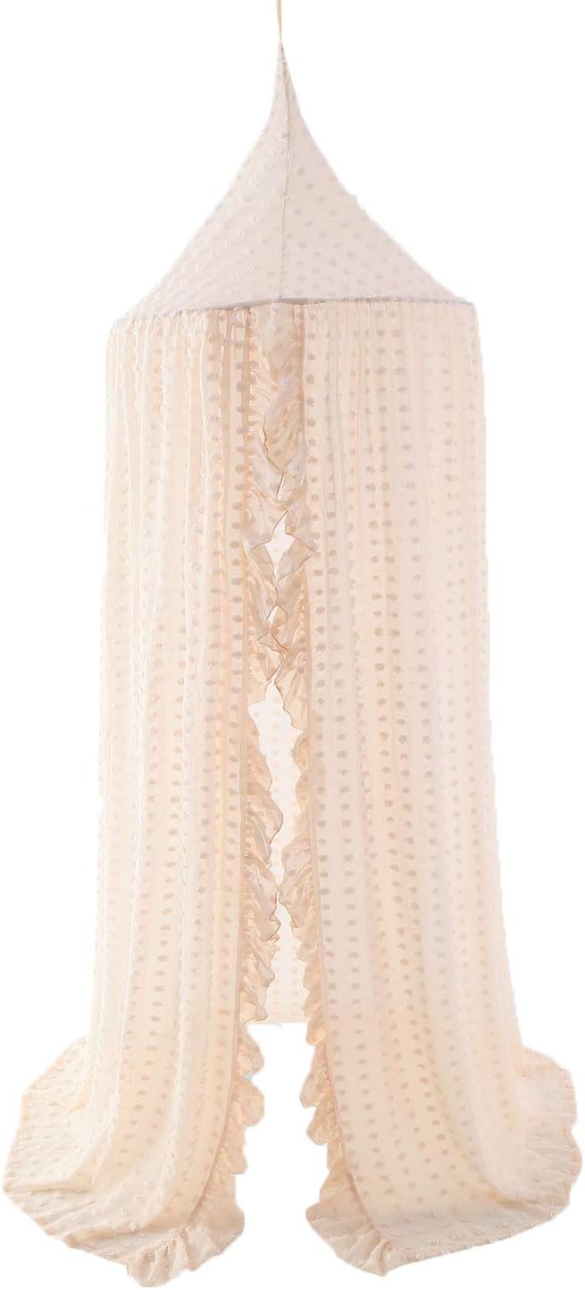 Wonder Space Elegant Kids Bed Canopy – Lace Chiffon Netting with Pom Pom, Princess Girls Fairy Dream Tent, Nursery Room Baby Crib Hanging Curtain Mosquito Net Children Reading Nook Decoration (Beige)