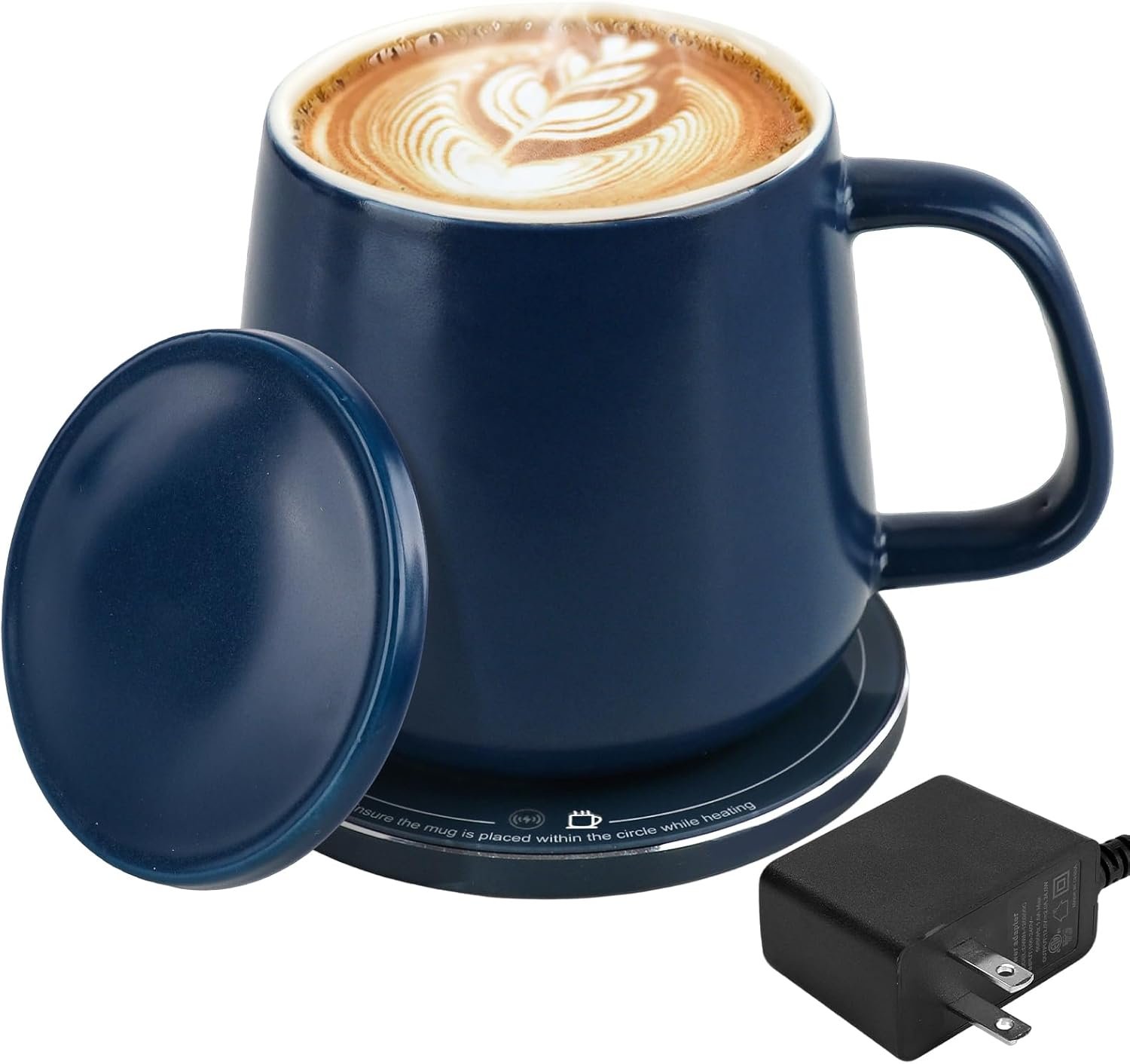 Smart-Warming Ceramic Mug & 15W Wireless Charger Combo – Auto Temperature Control 131°F/55°C, USB-C Fast Charging Base, 12.8oz Capacity, Splash-Proof Lid (Navy Blue)