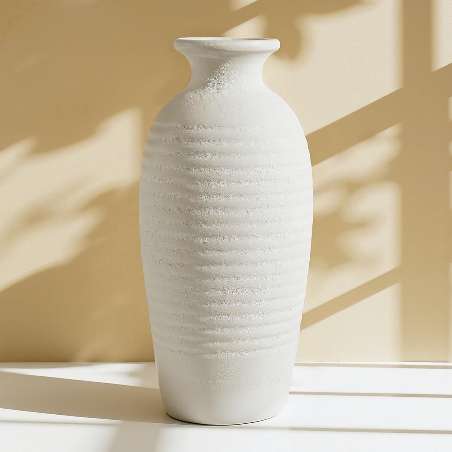 Rustic Ceramic Threaded White Vase, 14.4″ H Tall Vases for Centerpieces,Handmade Large Decorative Vase for Living Room Decor,Vintage Farmhouse Pottery Flower Vase for Entryway Fireplace|Off-White