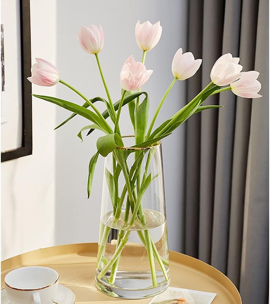 Clear Glass Flower Vase with Gold Mouth for Centerpieces Home Wedding Decoration (1, Large 5.2″ x 9.9“)