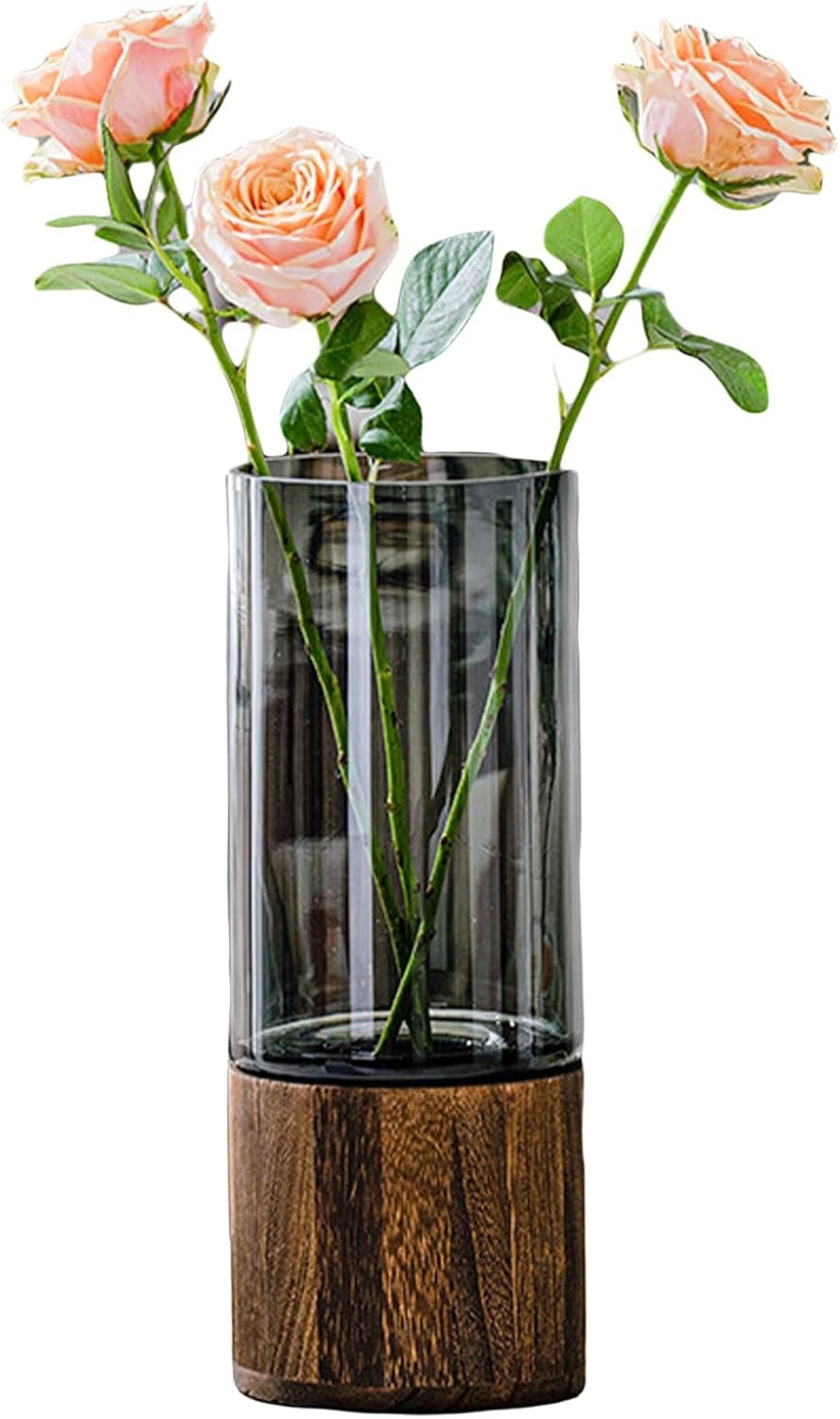 Artistic Wood Glass Vase, 10″ H, Wooden Base Cylindrical Flower Vase, Classic Boho Rustic Style for Fireplace Bedroom Kitchen Living Room Centerpieces Office Desk