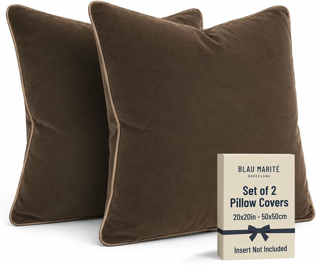 2 Pack Velvet Decorative Throw Pillow Covers, 20″x20″, Brown and Camel, Solid, Modern, Contrast Piping, Indoor Use, Bedroom & Living Room