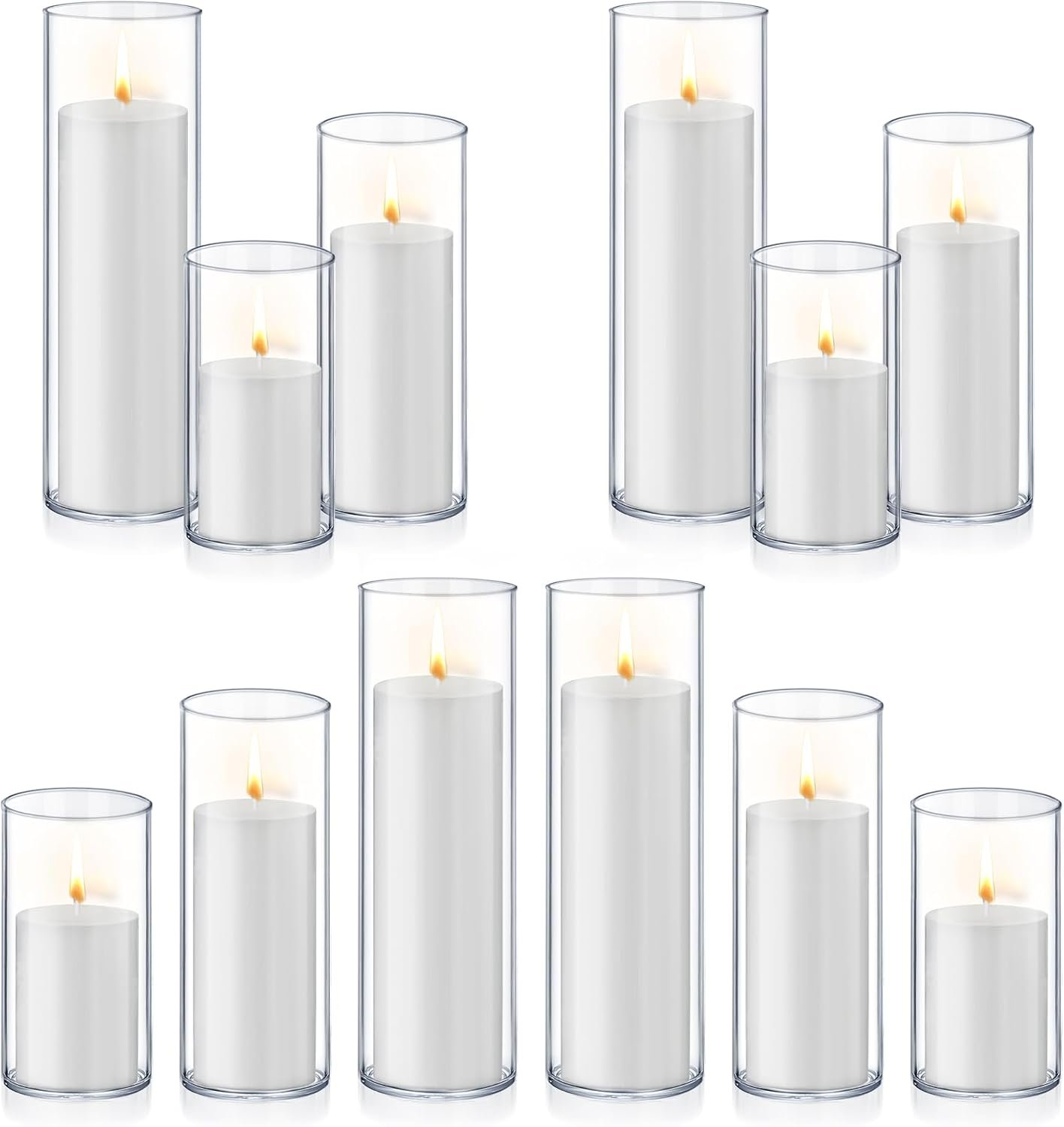 Homjoy 24 PCS White Pillar Candles with Glass Candle Holders Clear Hurricane Candle Holders Glass Cylinder Vases for Centerpieces Wedding Party, Event, Home Office (12 Candles+12 Candle Hoders)