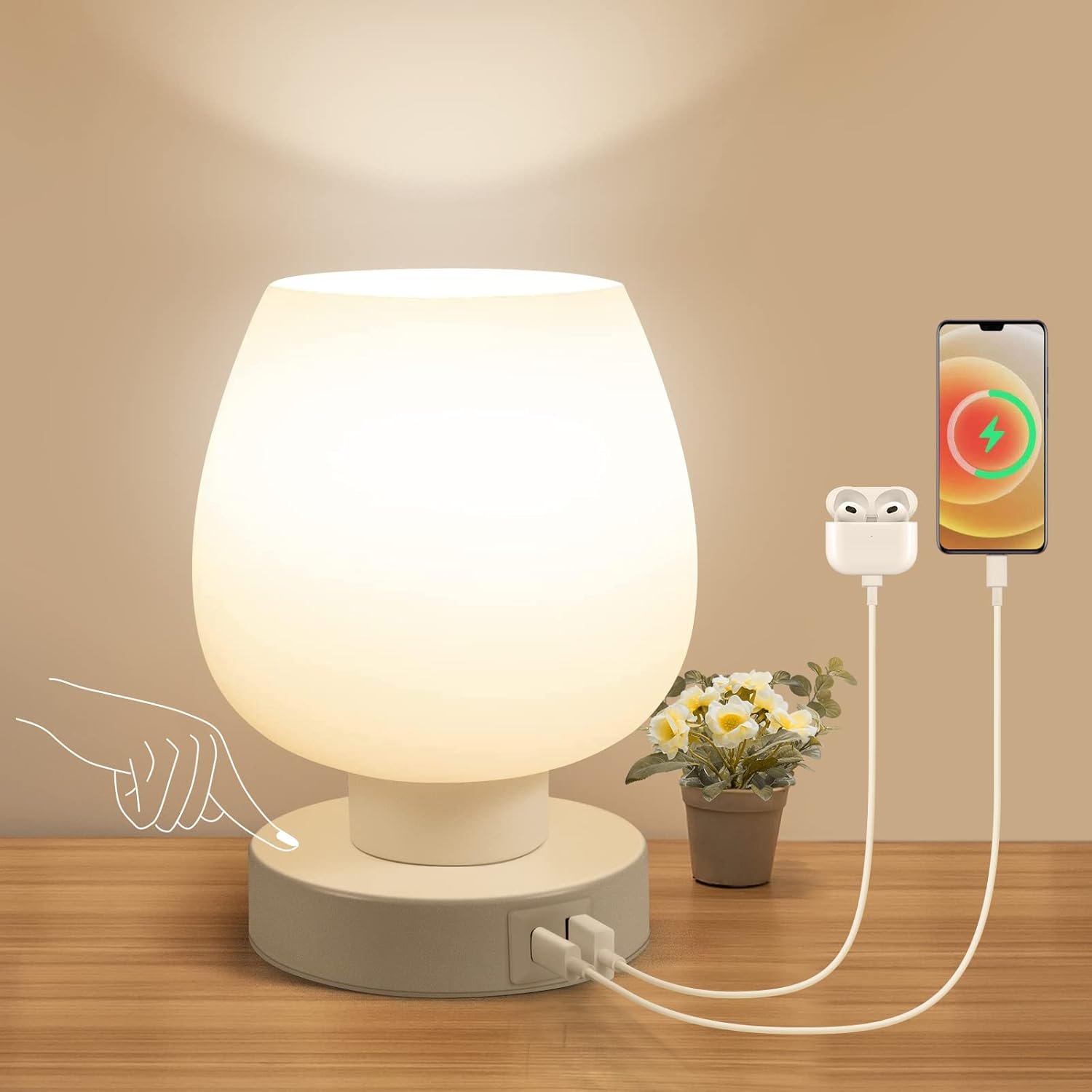 Touch Bedside Table Lamp – Small Lamp for Bedroom with USB C+A Charging Ports 3 Way Dimmable, Nightstand Desk lamp with White Opal Glass Lamp Shade Warm LED Bulb Included, Simple Design Gifts
