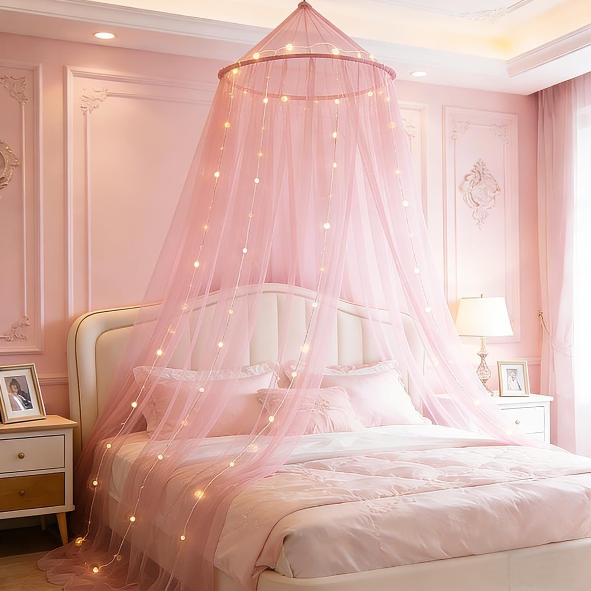 Akiky Bed Canopy with Lights Pink Bed Canopy for Girls Princess Canopy Bed Curtains for Twin to King Size Bed Dreamy Mosquito Netting for Indoor Outdoor, Bedroom Accessories