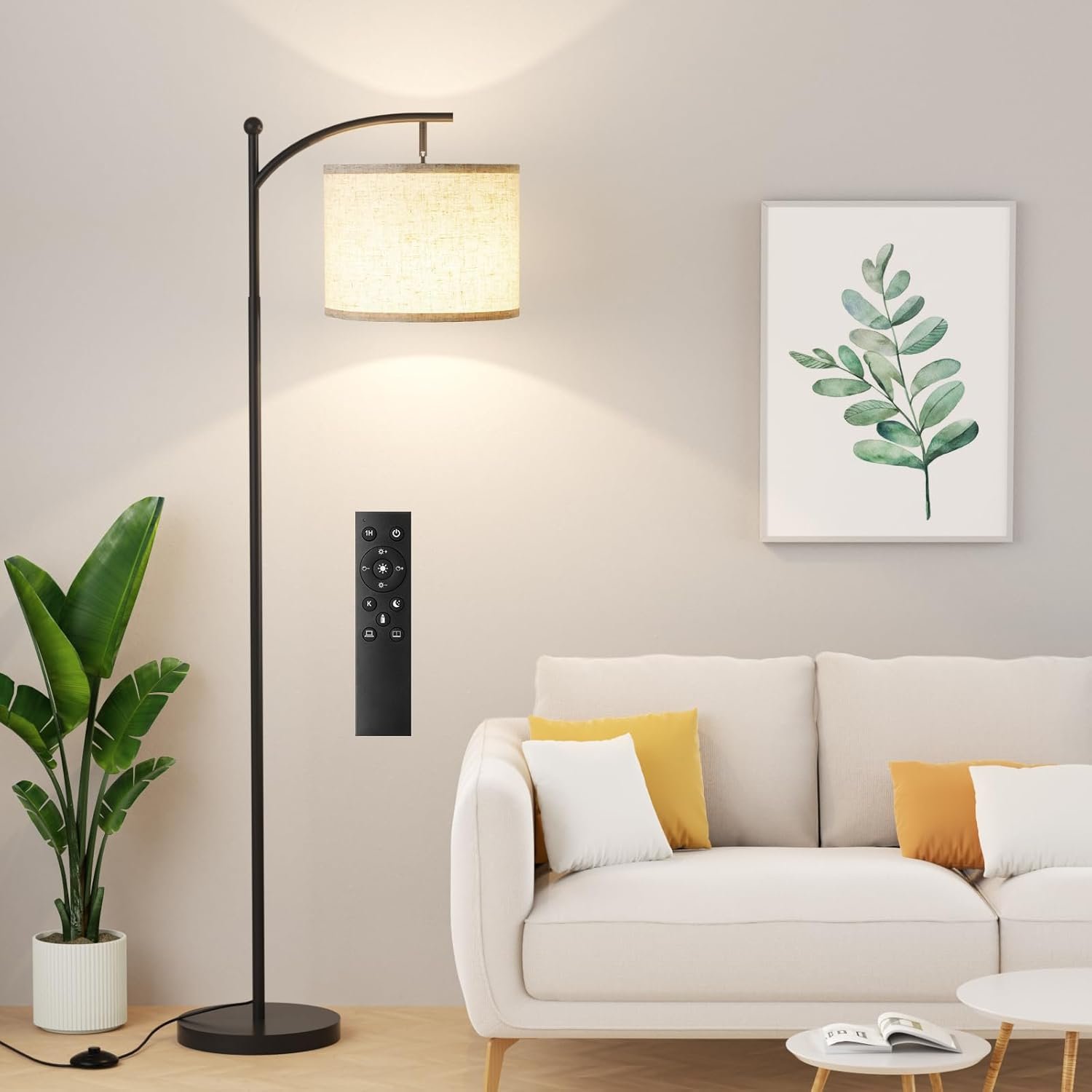 Ambimall 60″ Floor Lamp with Remote Control and Stepless Dimmable Bulb, Colors Temperature & Brightness Adjustable, Modern Floor Lamps for Living Room（Beige Shade & Black Pole）